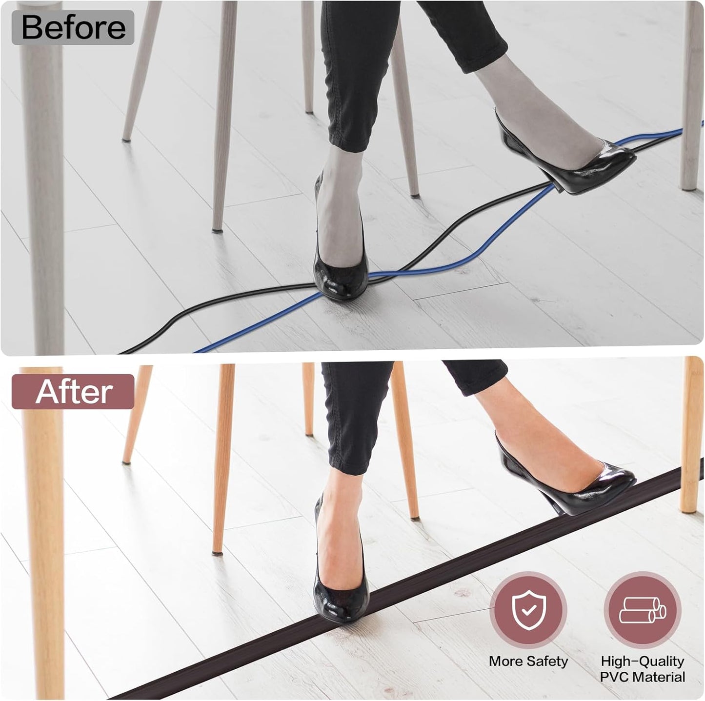 Floor Cord Cover Self Adhesive Cord Hider Floor Extension Cord Covers for Floor Power Cord Protector Cable Management Prevent Cable Trips Cable Cavity 0.47" W x 0.27" H (Dark Walnut, 20Ft)