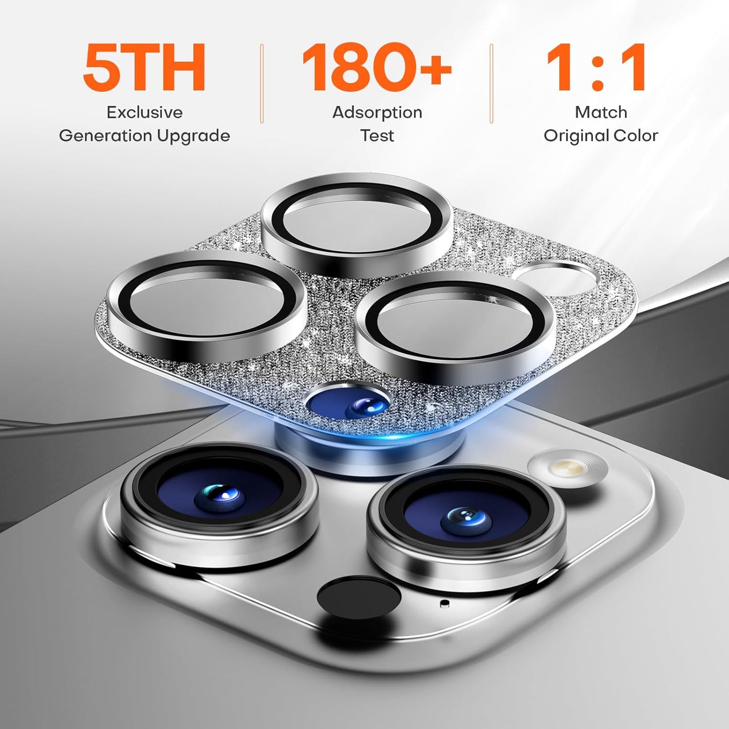 Camera Lens Protector for iPhone 16 Pro Max/16 Pro/15 Pro Max/15 Pro/14 Pro Max/14 Pro, Aluminum Alloy Sapphire Glass Camera Screen Cover, Case Friendly- Glitter White