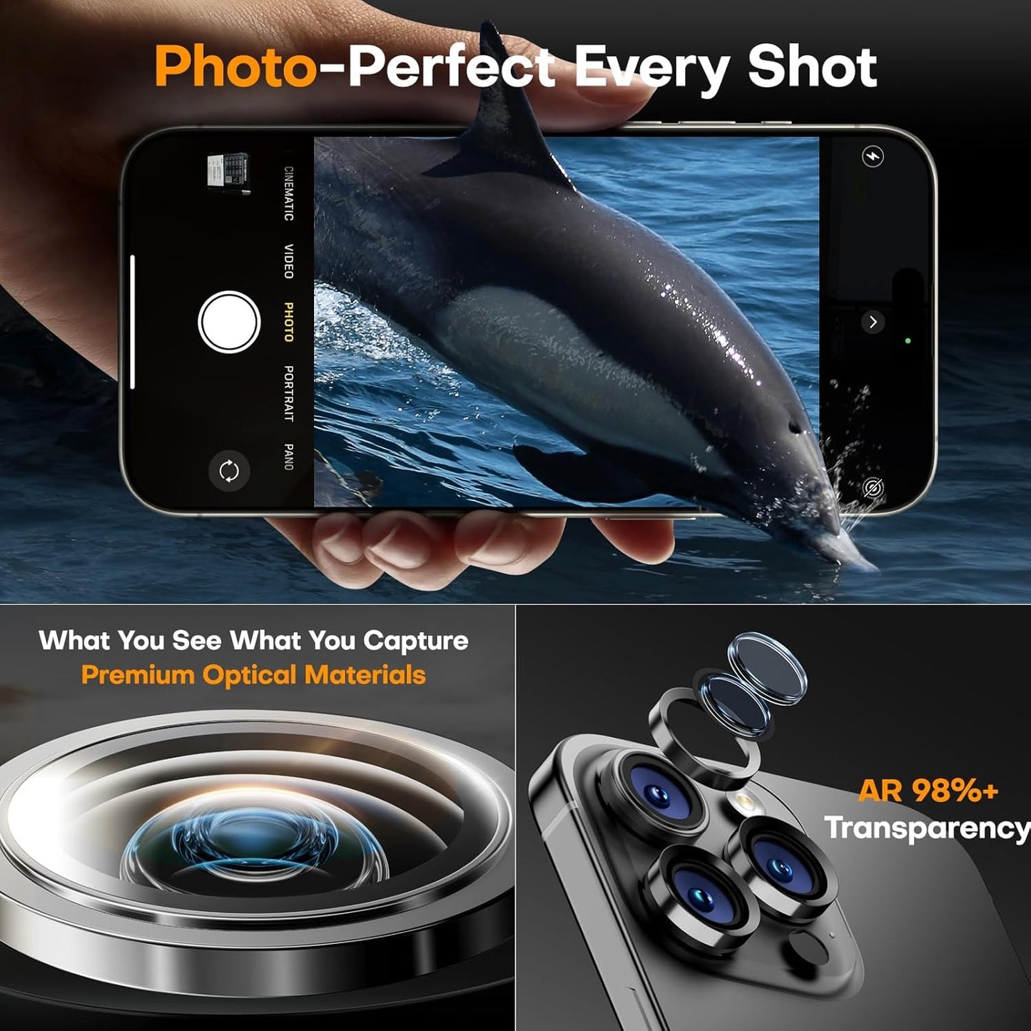 Camera Lens Protector for iPhone 16 Pro Max/16 Pro/15 Pro Max/15 Pro/14 Pro Max/14 Pro, Sapphire Glass Metal Individual Camera Cover Screen, Anti-drop, Case Friendly- Black Titanium