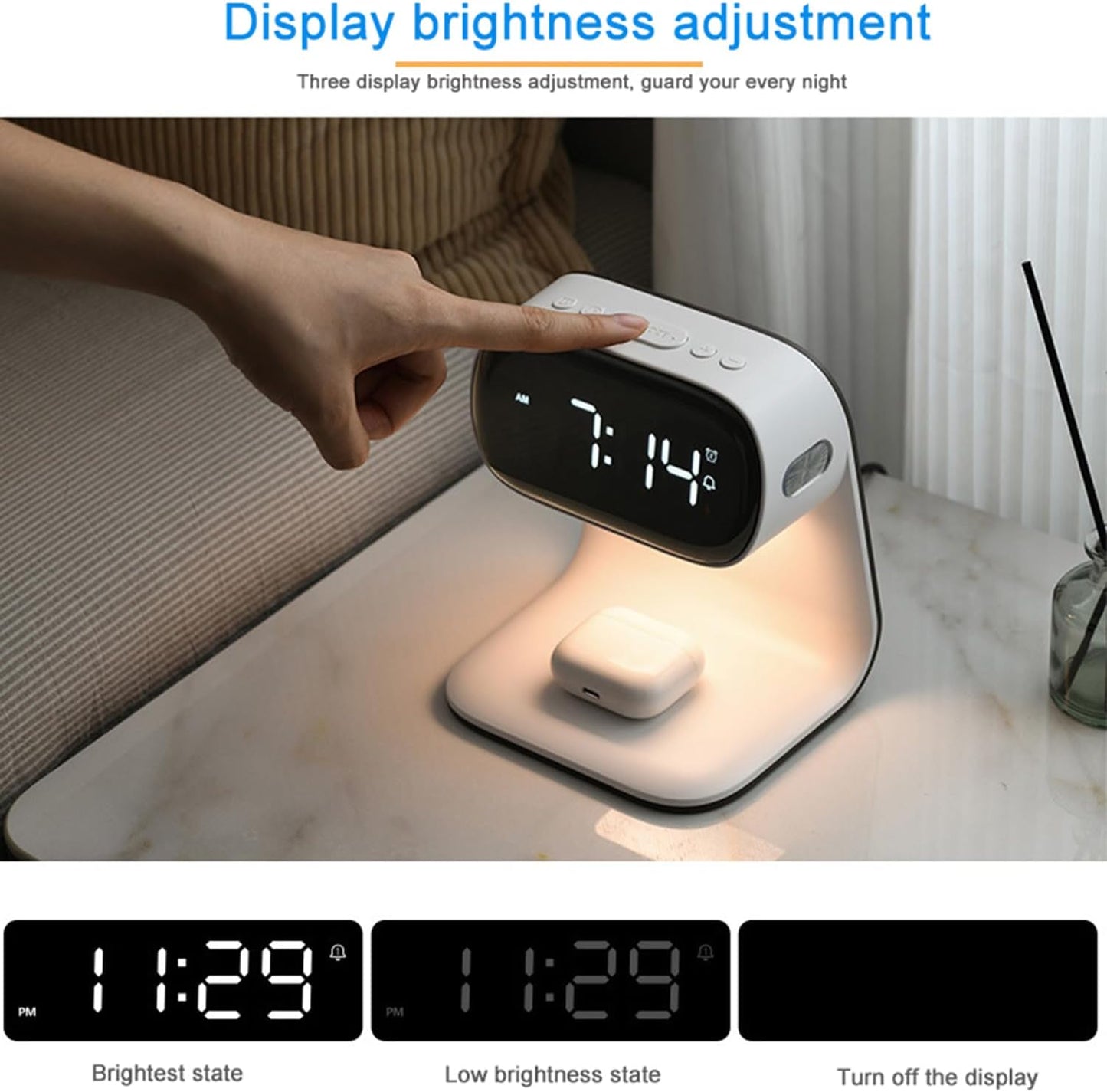 Digital Alarm Clock with Wireless Fast Charging Station 15W Touch Smart Lamp for Bedside,3 Colors Nightlight Adjustment Night Lamp for Living Room,Bedside,Heavy Sleepers (White+No Adapter)