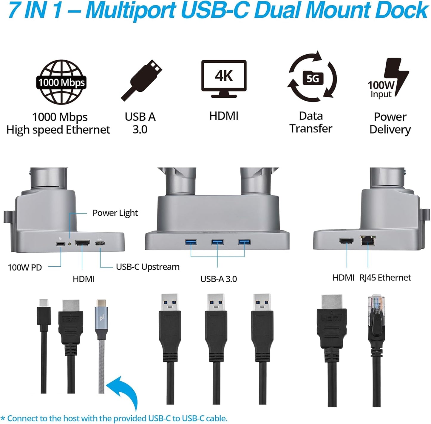 AVLT Dual 17”-38" Monitor Arm Desk Mount with 17" Laptop Tray and USB-C Docking Station, HDMI 4K60Hz, USB-A 5Gbps, Ethernet, 100W PD, Fits Two Flat/Curved Monitor - Gray
