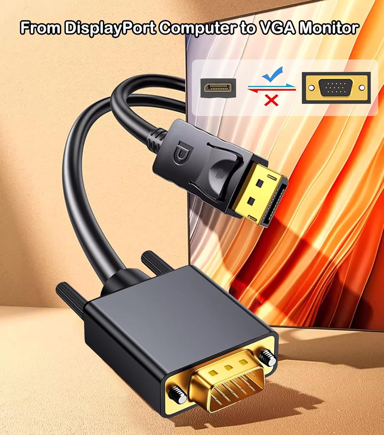 DisplayPort to VGA Cable 6FT, Display Port DP to VGA Adapter, 1080P@60Hz Video Cord from Laptop/Computer (DP) to Monitor/Projector (VGA), (Not Bidirectional, Not for HDMI or USB)