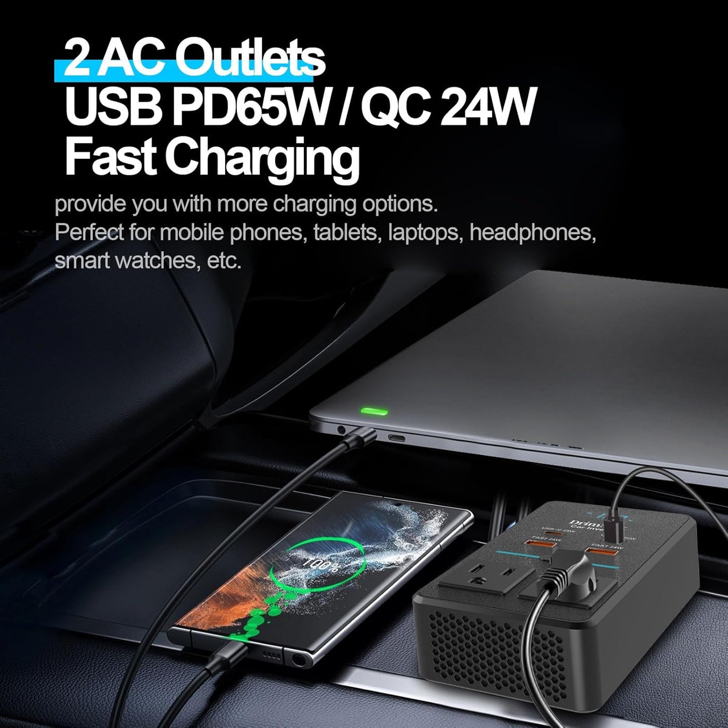 300W Car Power Inverter, DC 12V to 110V AC Car Plug Adapter with LED Display, 65W/24W USB-C Fast Charging Car Outlet Adapter to Wall Plug,Portable Car Charger with Switch Control Converter for Laptops