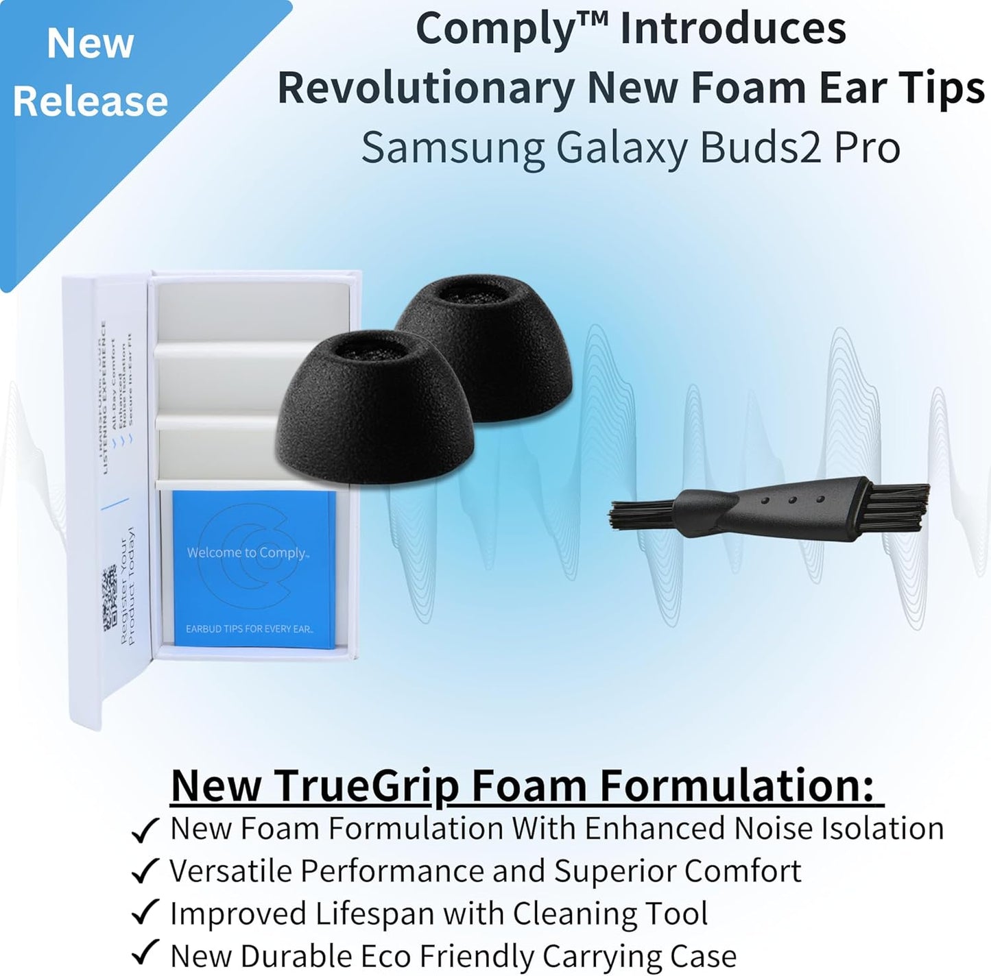 Comply TrueGrip | Premium Memory Foam Replacement Earbud Tips for Samsung Galaxy Buds2 Pro | Enhanced Comfort, Secure Fit, Superior Noise Isolation, Cleaning Tool | Black, Large (3 Pairs)