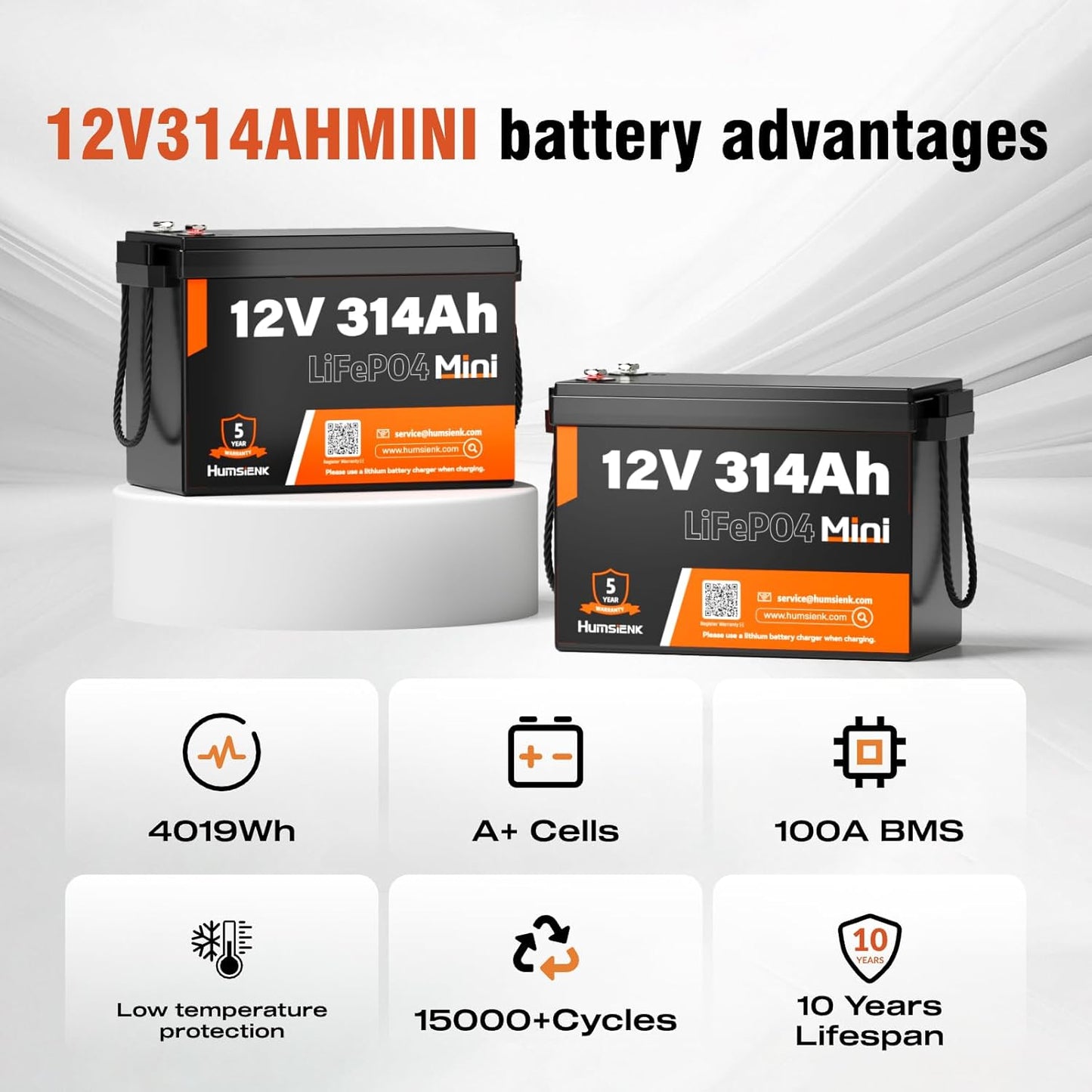 12V 314Ah (300Ah) LiFePO4 Lithium Mini Battery, Max. 4019Wh Energy, 15000+ Deep Cycles, 100A BMS Lithium Iron Phosphate Rechargeable Battery Great for RV, Marine and Off Grid Applications