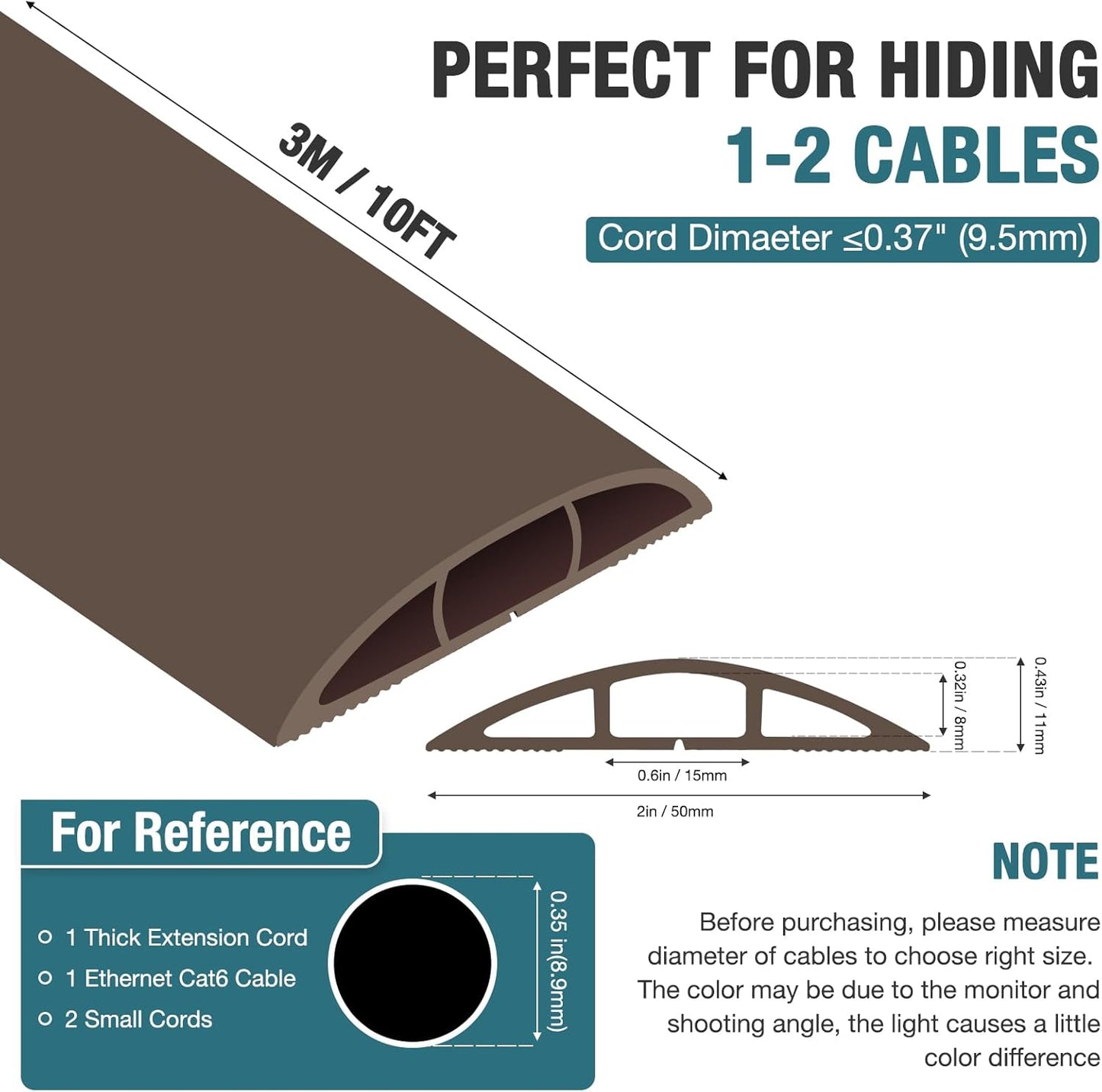 Floor Cord Cover, Cable Protector, 0.63W x 0.31H inches, Wire Cover for Extension Cords, Floor Cable Covers Prevent Cable Trips (Brown, 50-10 Feet)