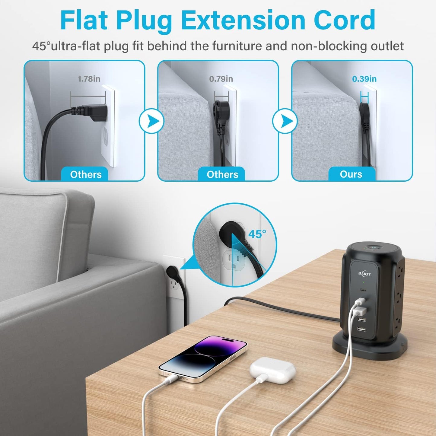 AiJoy Flat Plug Power Strip Tower with 9 Outlets and 5 USB Ports (2 USB-C), 1200J Surge Protection, 1625W Extension Cord with Multiple Outlets Charging Station for Home Dorm Office Supplies