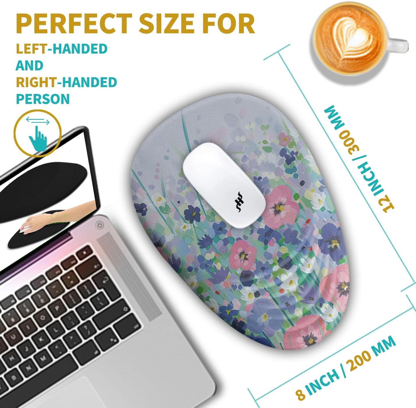 Hokafenle Ergonomic Mouse Pad Wrist Support with Stepped-Wedge Design, Wrist Rest Pain Relief Mousepad Filled with Memory Foam, Carpal Tunnel Mousepad for Wireless Mouse(12x8 inch, Painting Flowers)