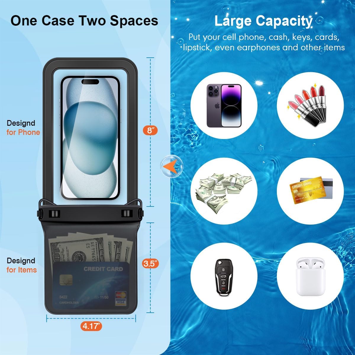 Double Space Waterproof Phone Pouch, 2 Pack Waterproof Phone Case with Lanyard for iPhone 15 Pro Max Galaxy S23 Pixel 7a up to 8.5’’, Cellphone Dry Bag for Beach Vacation