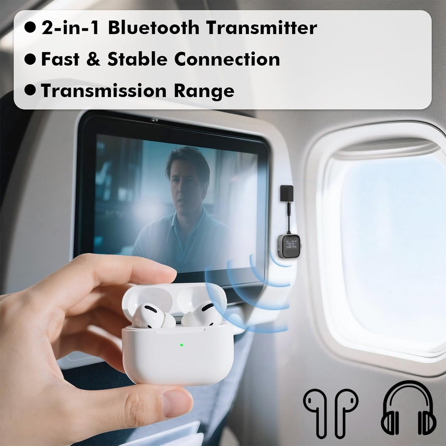 Airplane Bluetooth Transmitter Receiver for 2 Compatible w/AirPods Wireless Headphones, HD Display Low Latency 3.5mm AUX Jack 5.3 Bluetooth Audio Adapter for TV, Flying, Car, Gym, Stereo