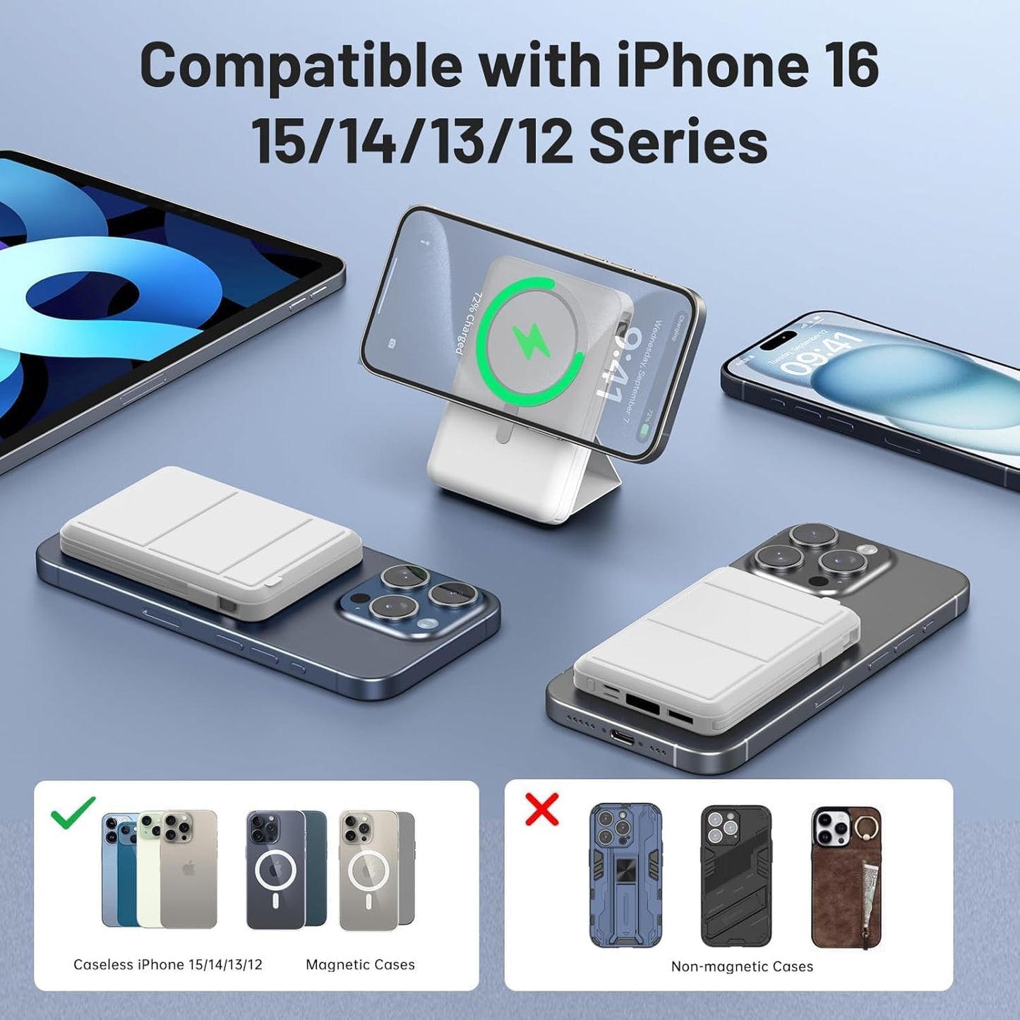 Azmuth for Magsafe Battery Pack, 10000mAh Magnetic Power Bank 22.5W PD Fast Charging with USB-C Cable LED Display Wireless Portable Charger with Stand for iPhone 16/15/14/13/12/Pro (White)