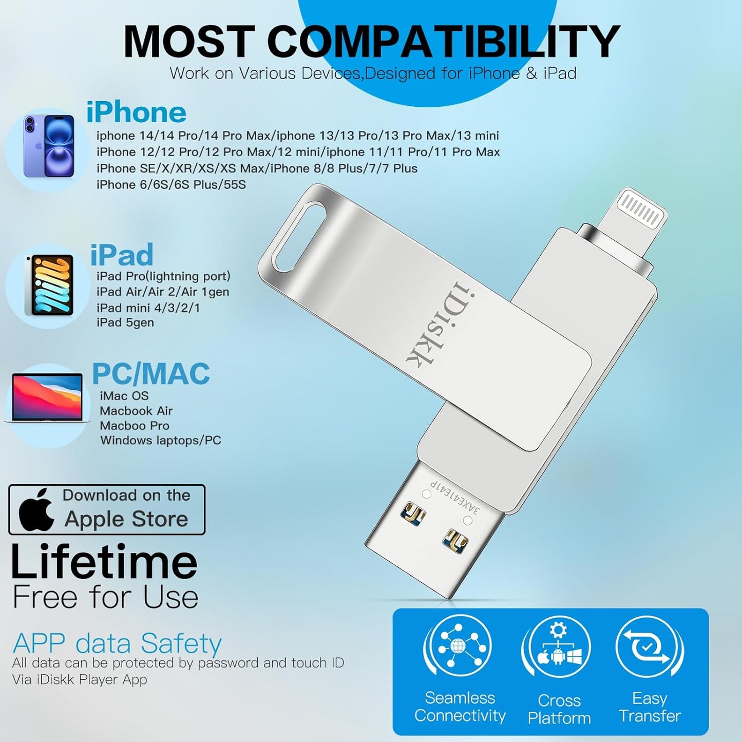 iDiskk 256GB iPhone Photo Storage Stick MFi Certified Flash Drive Photo Stick for iPhone (14/13/12/12 pro/12 pro max/11/11 Pro/XR/X) Flashdrive for iPhone iPad MacBook/Laptops/PC for Photos Videos