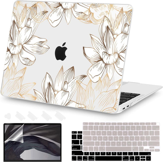 Teryeefi for MacBook Air 13 inch Case M1 2021 2020 2019 2018 Release (A2337 A2179 A1932 Retina Display with Touch ID), Plastic Hard Shell Case & Keyboard Cover & Screen Protector, W-Gold Flower Line