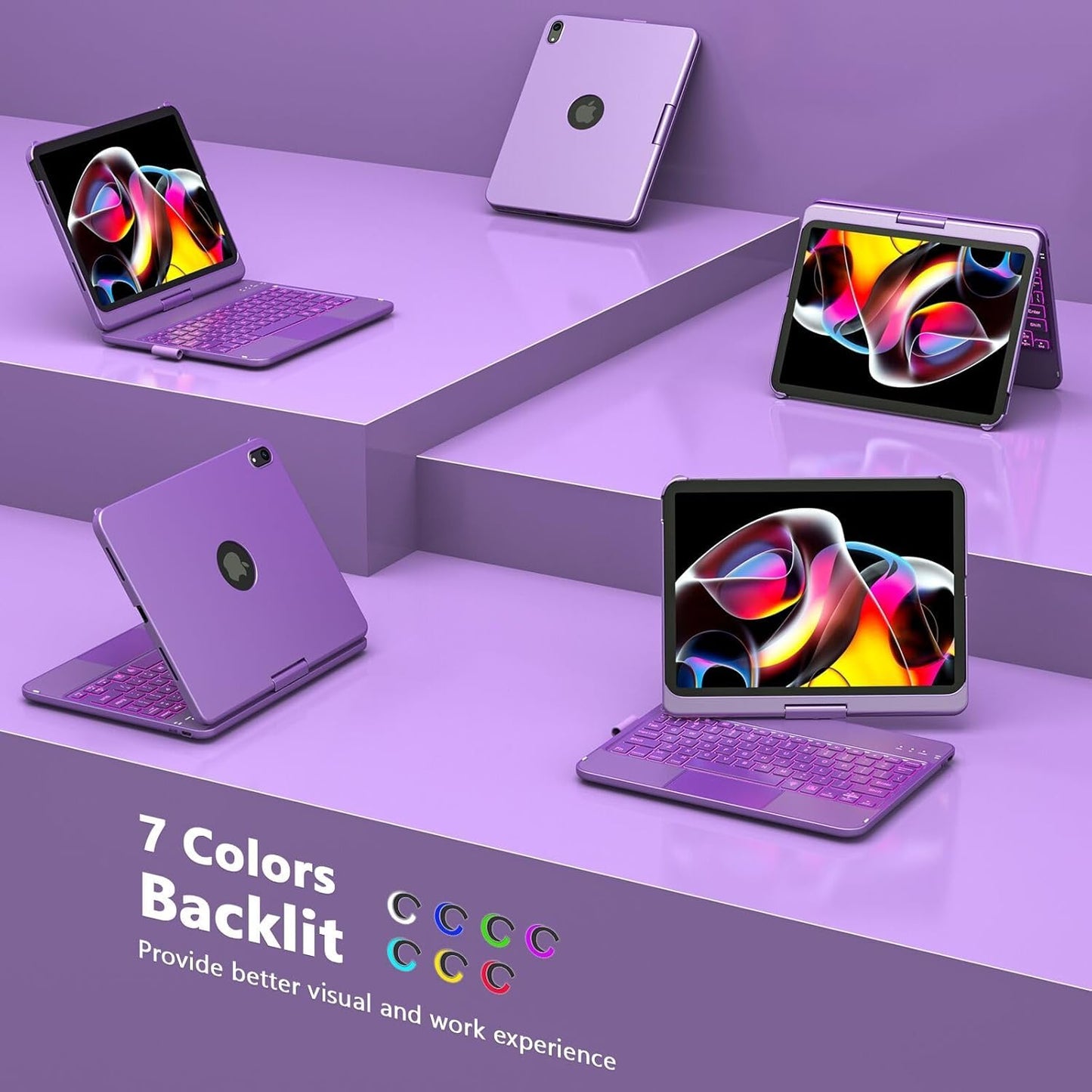 for iPad A16 11th Generation/10th Generation Case with Keyboard,Touch Keyboard for iPad 11" /10th Gen 10.9 inch 2022-10 Color Backlight, 360° Rotatable Protective Cover (Purple)