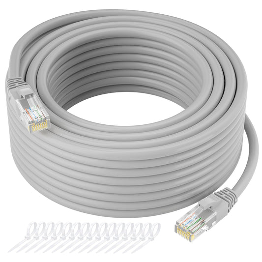 Cat5e Ethernet Cable 200 FT, Long Cat 5e Internet Cable, Grey Snagless Patch Cord, Flexible, Network, LAN, PoE, Standard RJ45 Connector for PC, Server, Router, Modem, TV, PS5 - with 15 Cable Ties