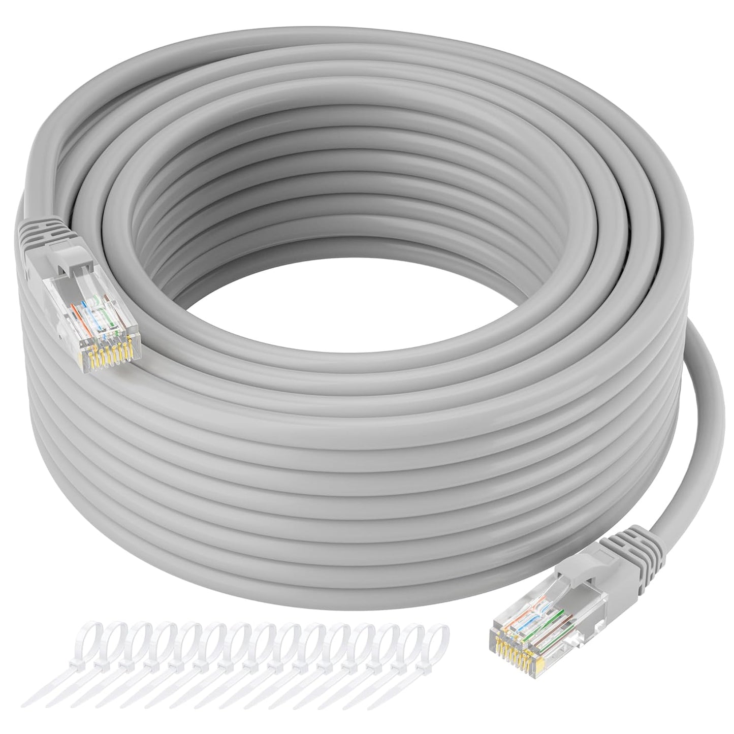 Cat5e Ethernet Cable 35 FT, Long Cat 5e Internet Cable, Grey Snagless Patch Cord, Flexible, Network, LAN, PoE, Standard RJ45 Connector for PC, Server, Router, Modem, TV, PS5 - with 15 Cable Ties