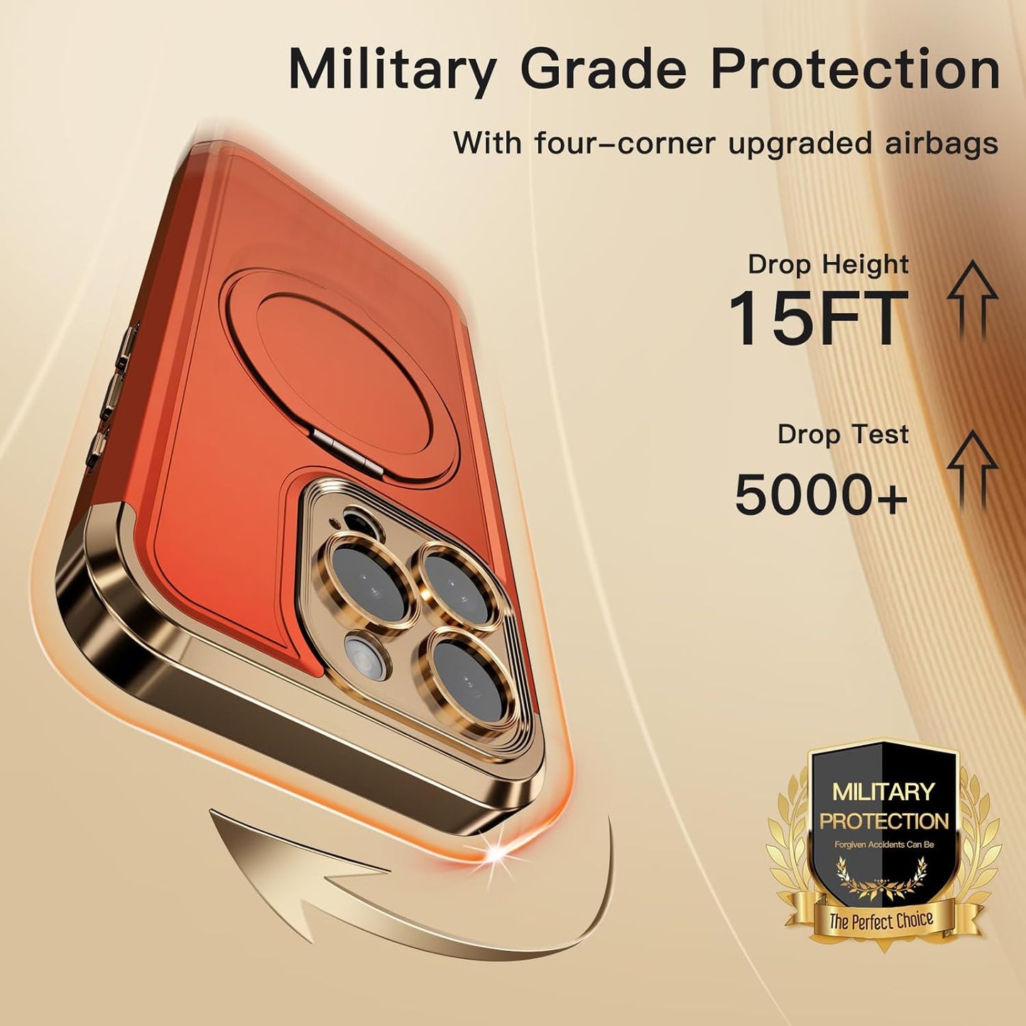 COOLQO for iPhone 15 Pro Max Case 6.7'' Upgraded 360° Spin Magnetic Stand [Compatible with Magsafe][Military Protection] Shockproof Protective Phone Holder Cover for iPhone 15 Pro Max, Orange Gold