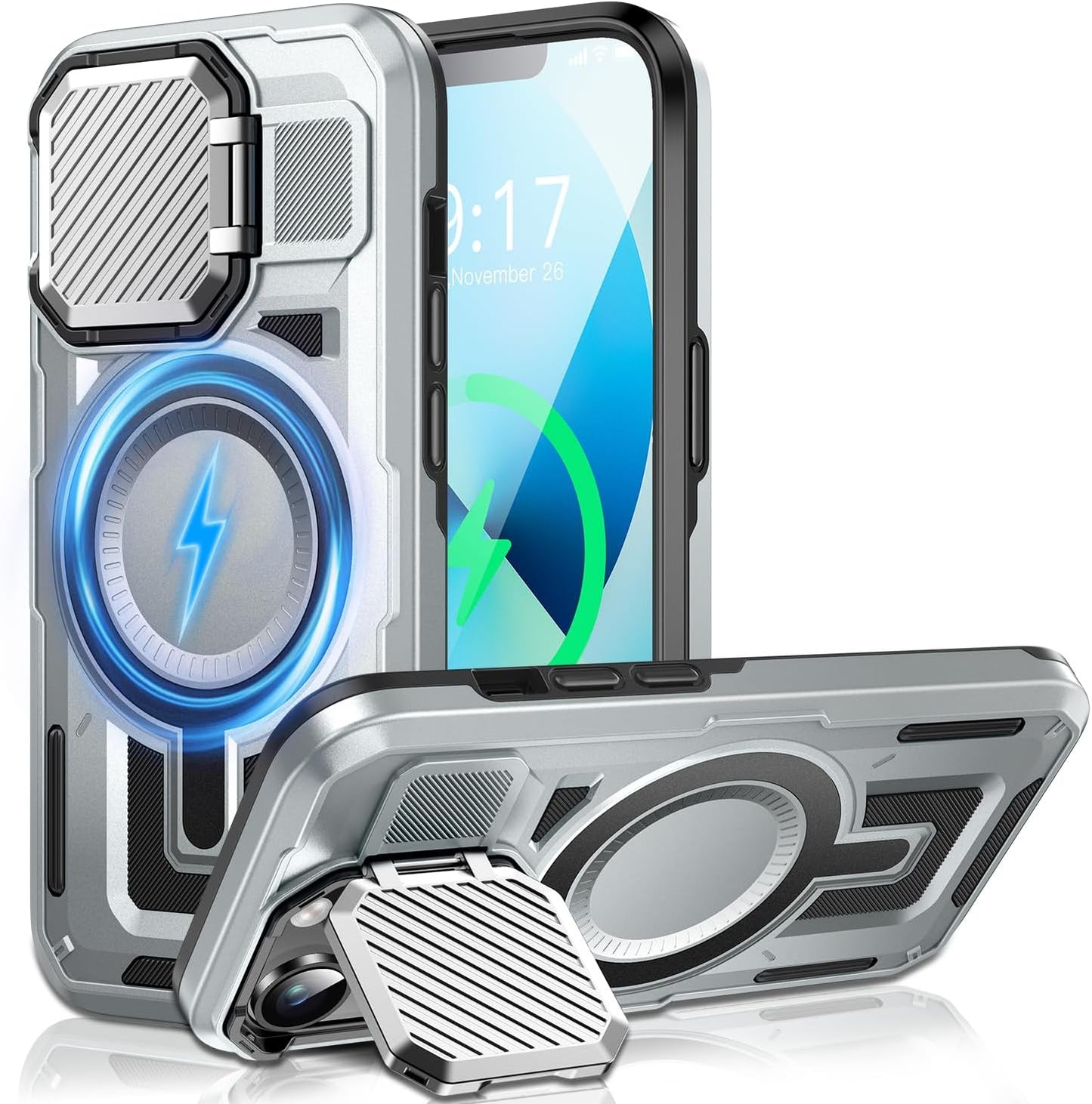 Camera Stand Case for iPhone 14 Plus, [Compatible with Mag Safe] [Lens Cover] 2024 Version Military Grade Protective Soft Case for iPhone 14 Plus 6.7 inch Men Women,Grey