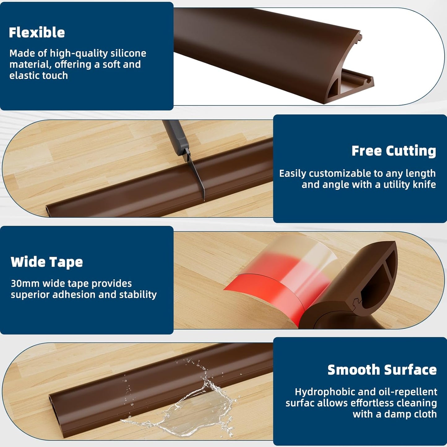 4ft Side Buckle Floor Cord Cover for Wires, Selfadhesive Extension Cord Hider Easy Floor Cable Management Prevent Cable Trips,Silicone Floor Wire Covers for Cords, Cable Protector Cord Cavity（Brown）