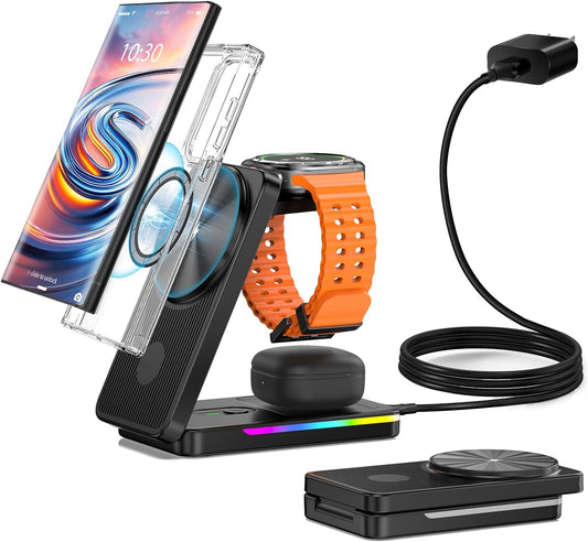 3 in 1 Magnetic Wireless Charger for Samsung, Foldable MagSafe Wireless Charging Station for Samsung Galaxy S25 Ultra/Z Fold7/Flip7/S24, Watch Charger for Galaxy Watch Ultra/8/7/Buds (for Travel)