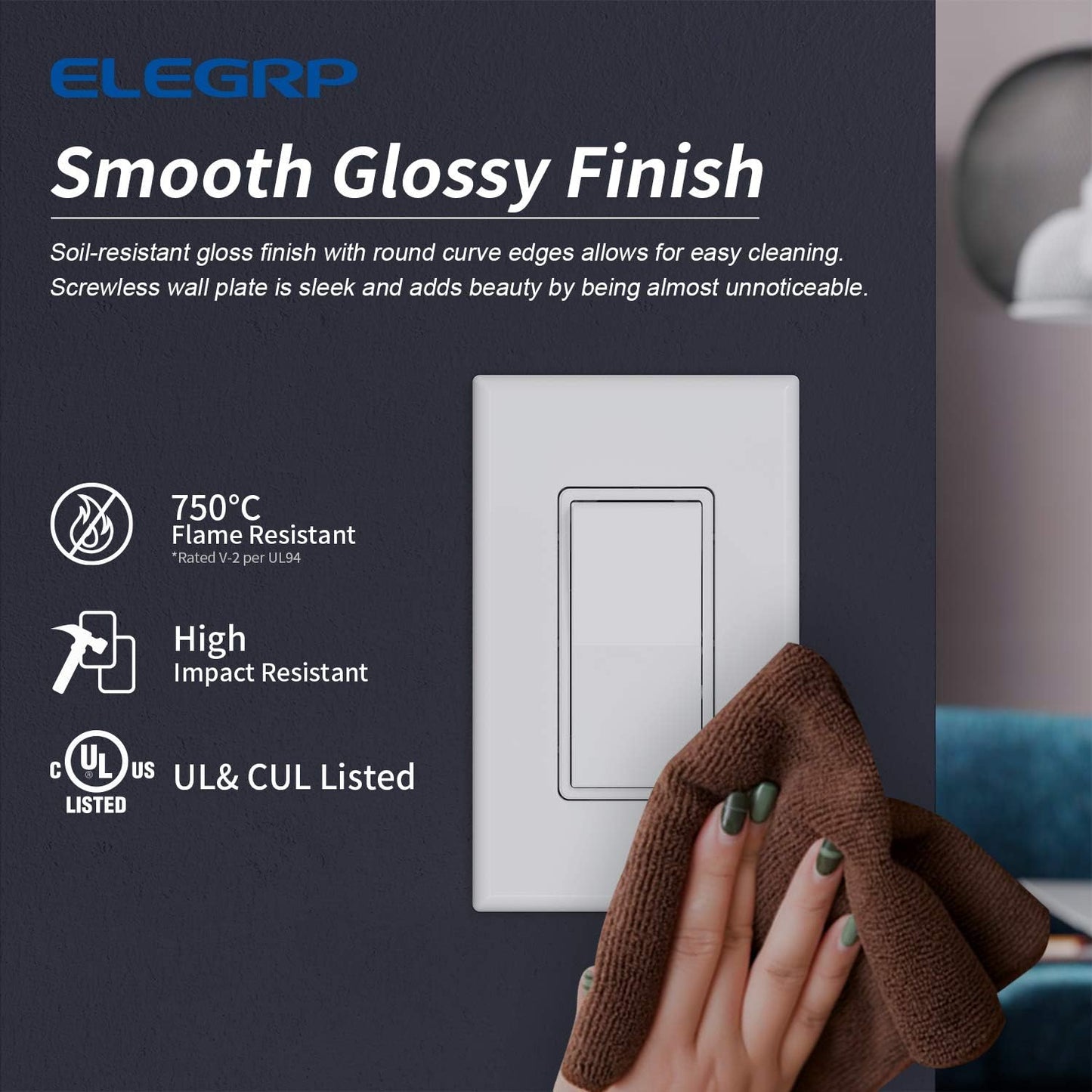 ELEGRP 1-Gang Glossy White Screwless Decorator Wall Plates, Standard Size Unbreakable Thermoplastic Faceplate Cover for Decorator Receptacle Outlet Switch, UL Listed, 5 Pack
