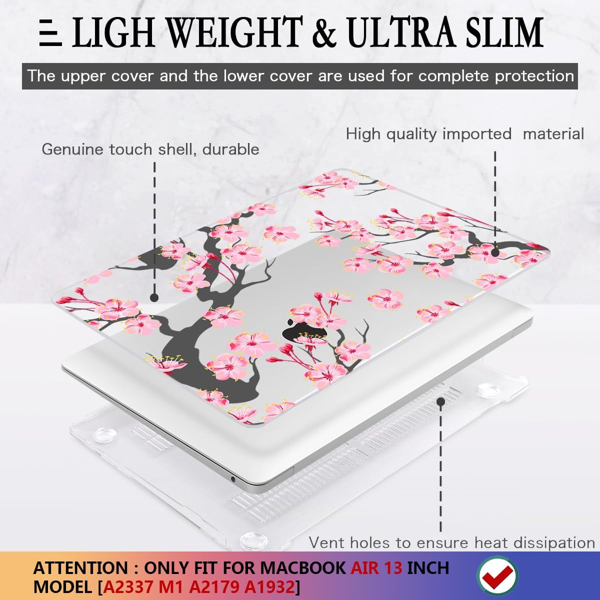 CISSOOK Hard Shell Case for MacBook Air 13 Inch A2337 M1 A1932 A2179 2021 2020 2019 2018 Released, Cherry Floral Beauty Cover with Keyboard Cover + Screen Protector for 2021 Air 13-Cherry Blossoms