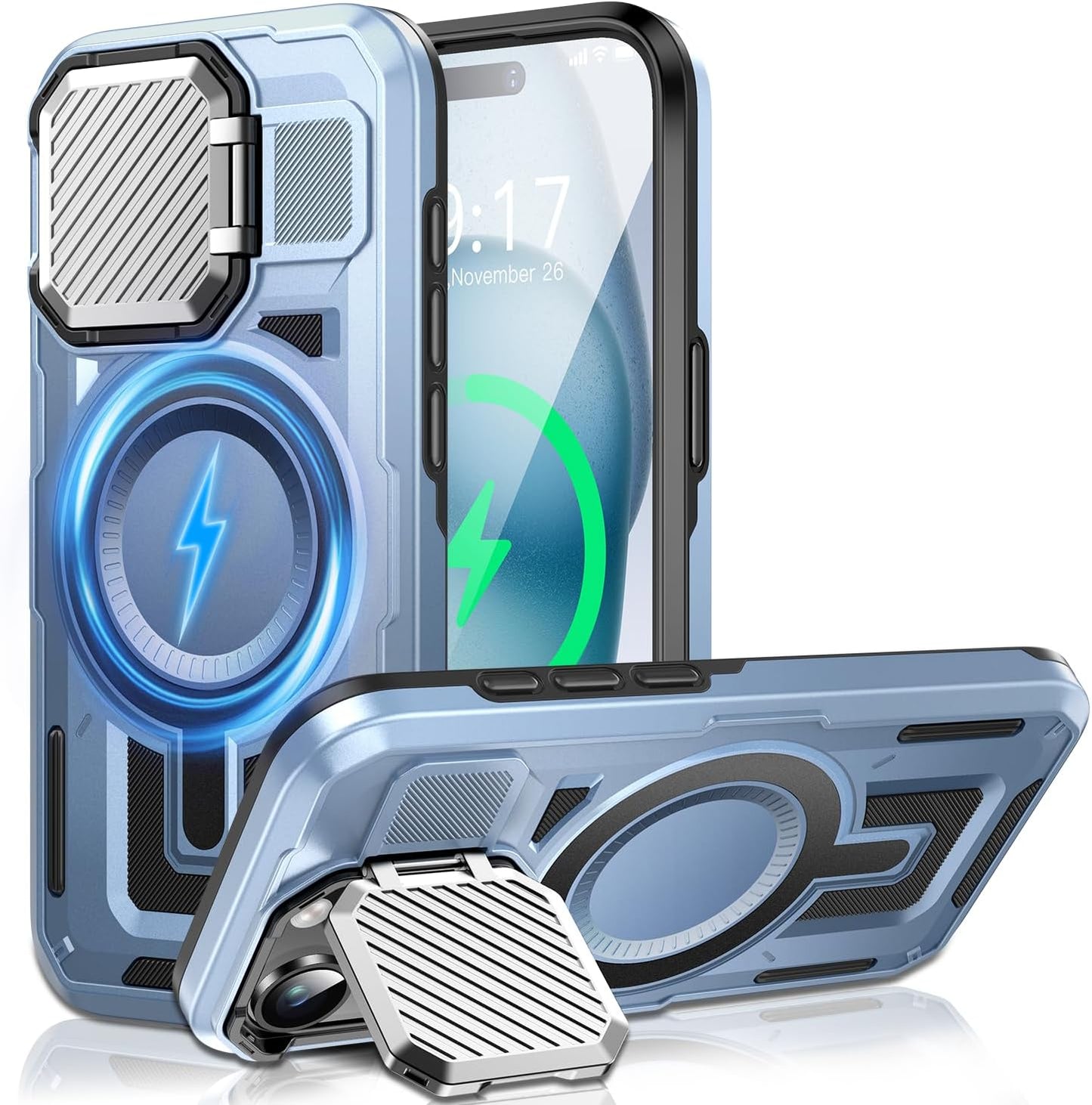 Camera Stand Case for iPhone 15, [Compatible with MagSafe] [Lens Cover] 2024 Version Military Grade Protective Soft Case for iPhone 15 6.1 inch Men Women, Blue