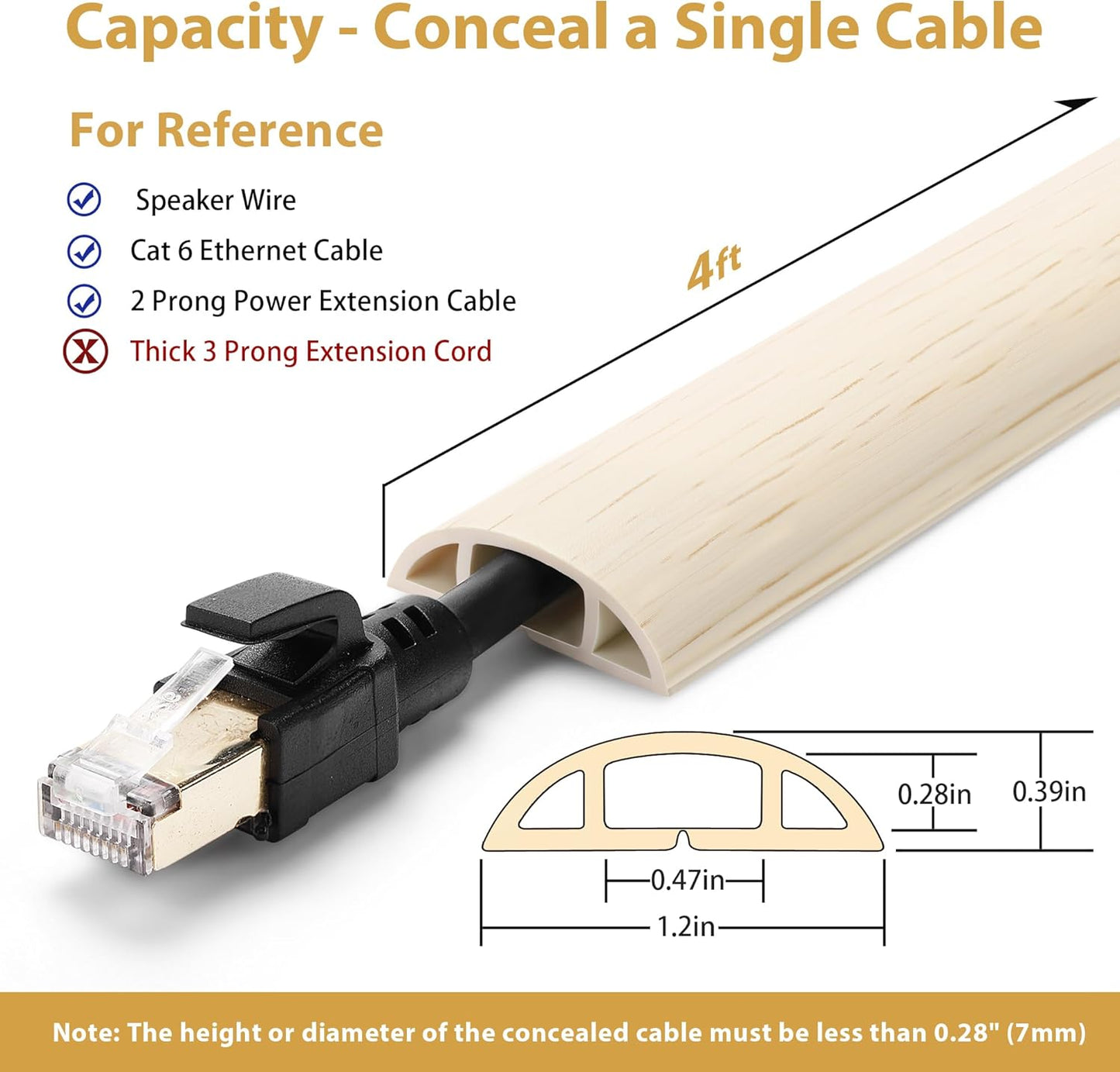 Floor Cord Cover 4ft, Cord Hider Floor Beige Maple Wood, Floor Cable Management Prevent Cable Trips, Floor Cable Cover Wire Covers for Electric Power Cords, Cord Protector Cord Cavity W0.47in xH0.28in