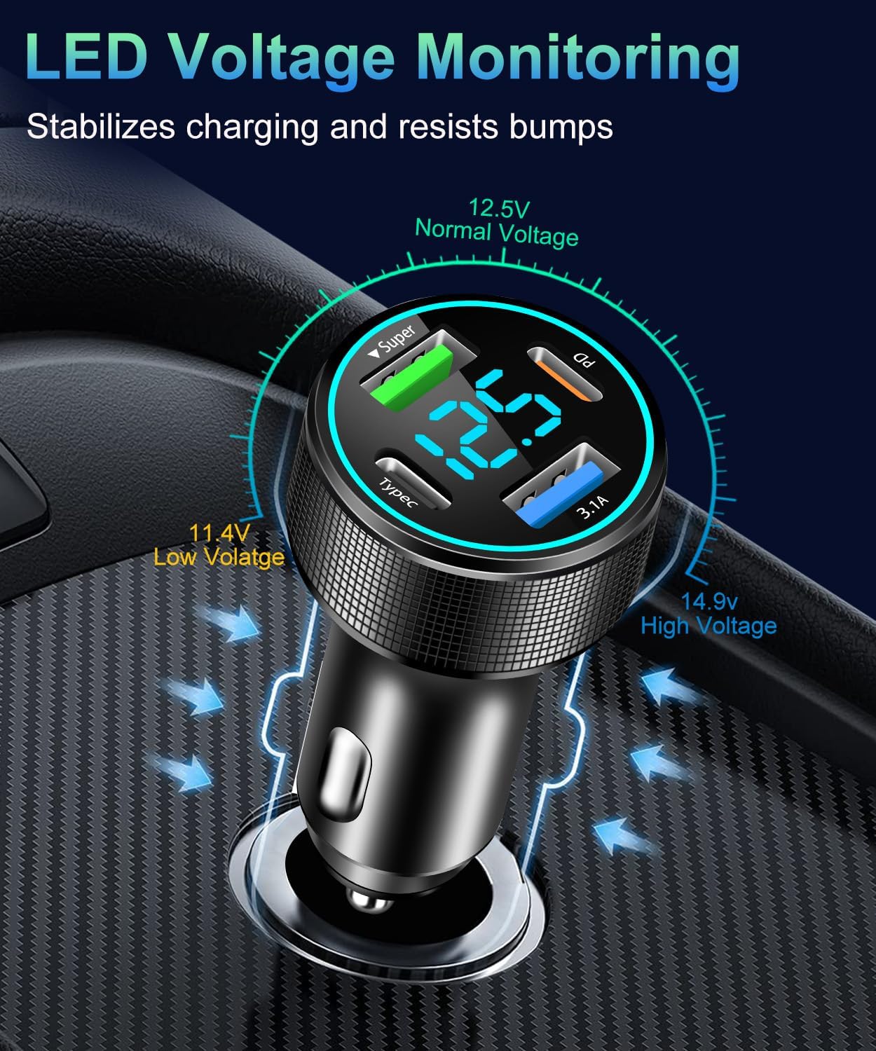 2 Packs of 66W USB C Car Charger 4 Port Car Charger Adapter with 30W PD, 3.1A Aluminium Alloy Car Cigarette Lighter USB Charger with LED Voltmeter Compatible with Phone 15 14 13