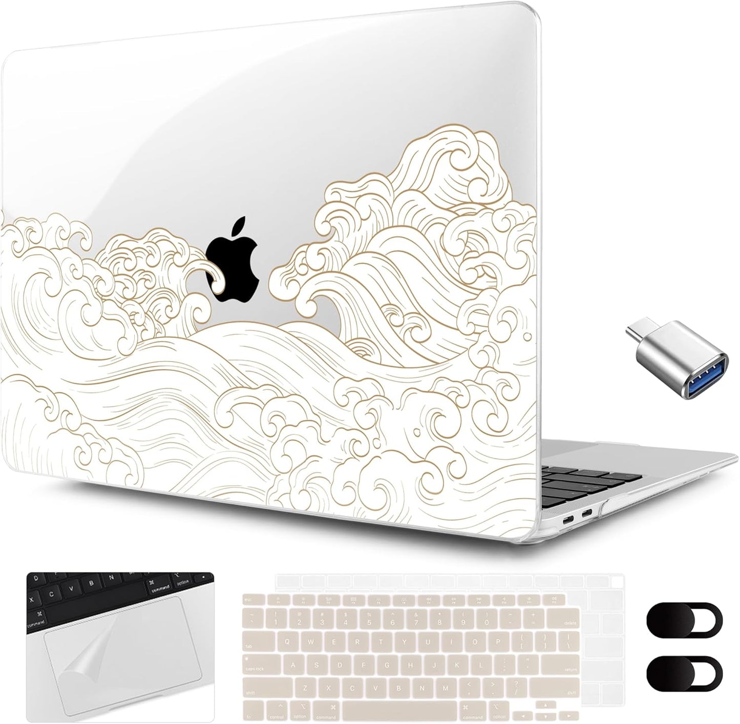 MEEgoodo for MacBook Air 13.3 inch Case 2021 2020 2019 2018 A2337 M1 A2179 A1932, Laptop Shell with Keyboard Webcam Cover & Trackpad Film & Type C Adapter for MacBook Air M1, Hand Drawn Wave