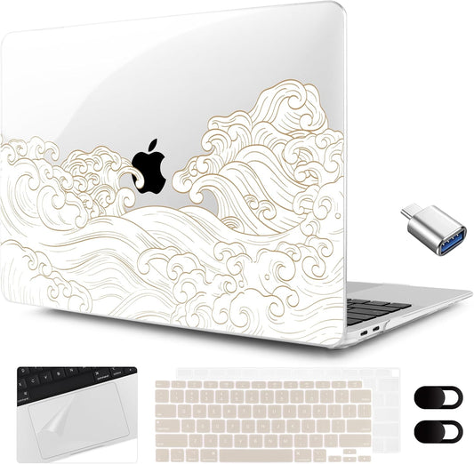 MEEgoodo for MacBook Air 13.3 inch Case 2021 2020 2019 2018 A2337 M1 A2179 A1932, Laptop Shell with Keyboard Webcam Cover & Trackpad Film & Type C Adapter for MacBook Air M1, Hand Drawn Wave