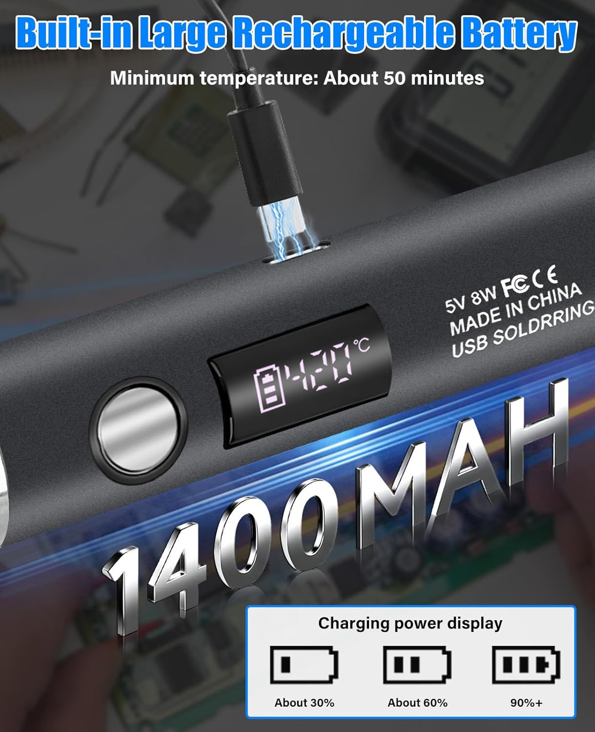 Cordless Soldering Iron Kit, 1400mAh Rechargeable Portable Cordless Soldering Iron, LCD Digital Adjustable Temperature Thermostatic Soldering Gun for Home Appliance Repair