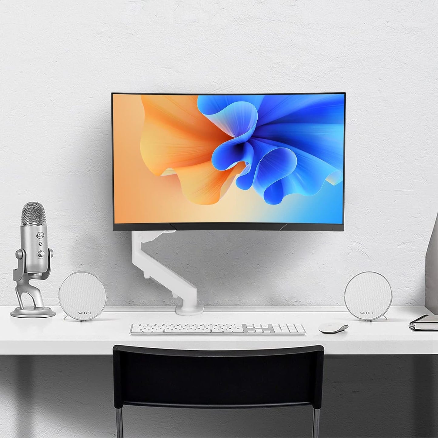 Gas Spring Monitor Arm 32 Inch,Adjustable Single Monitor Desk Mount with Swivel/Tilt/Rotation,Computer Monitors Stand Holder with Clamp/Grommet Mounting Base, VESA Mount Bracket,White