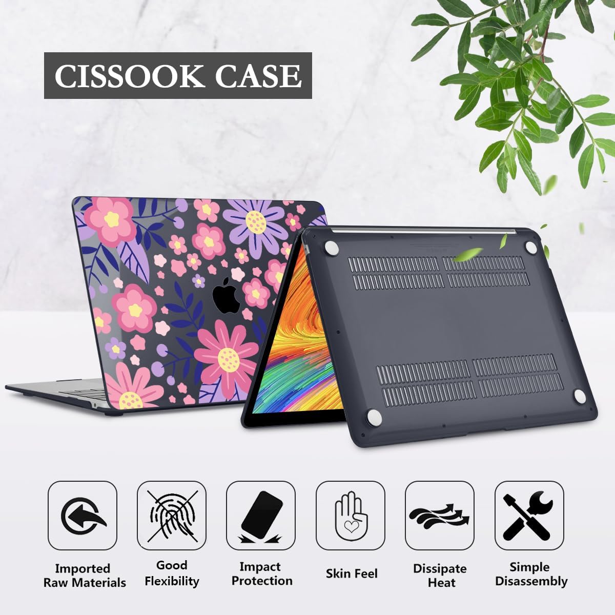 CISSOOK for MacBook Air 13 inch M1 Case 2021 2020 2019 2018, Hard Shell Case Keyboard Skin Screen Protector for MacBook Air 13.3 A2337 A2179 A1932, Stylized Flowers