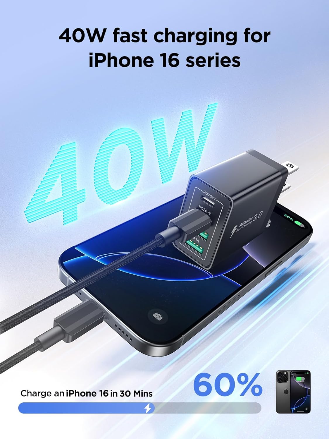 40W USB C Charger Cube, 2Pack 4-Ports Wall Plug Fast Charging Block with 6FT USBC to USBC Cord, Multiport Brick Type C Box Compatible with iPhone 16/15, Samsung S25 S24 S23, iPad, Cellphones Charger