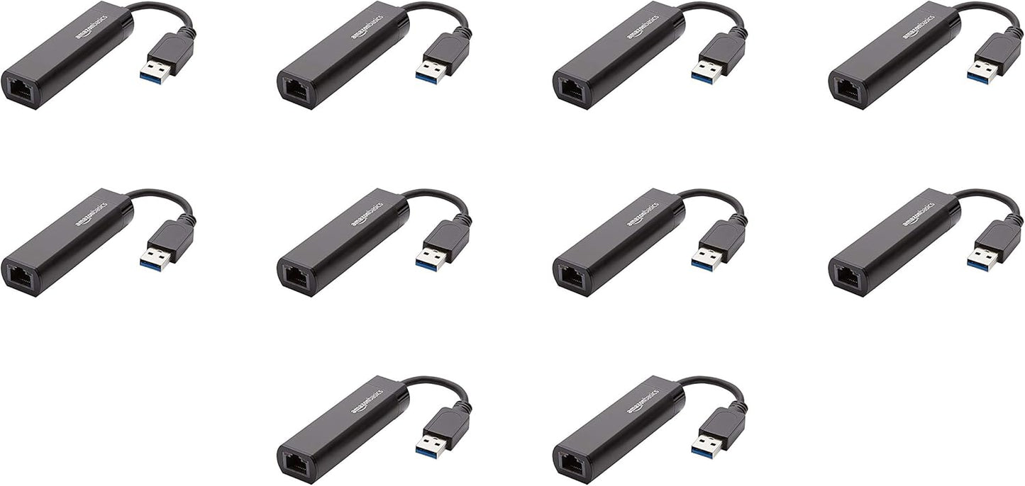 Amazon Basics USB 3.0 to 10/100/1000 Gigabit Ethernet Internet Adapter, 10-Pack, Black