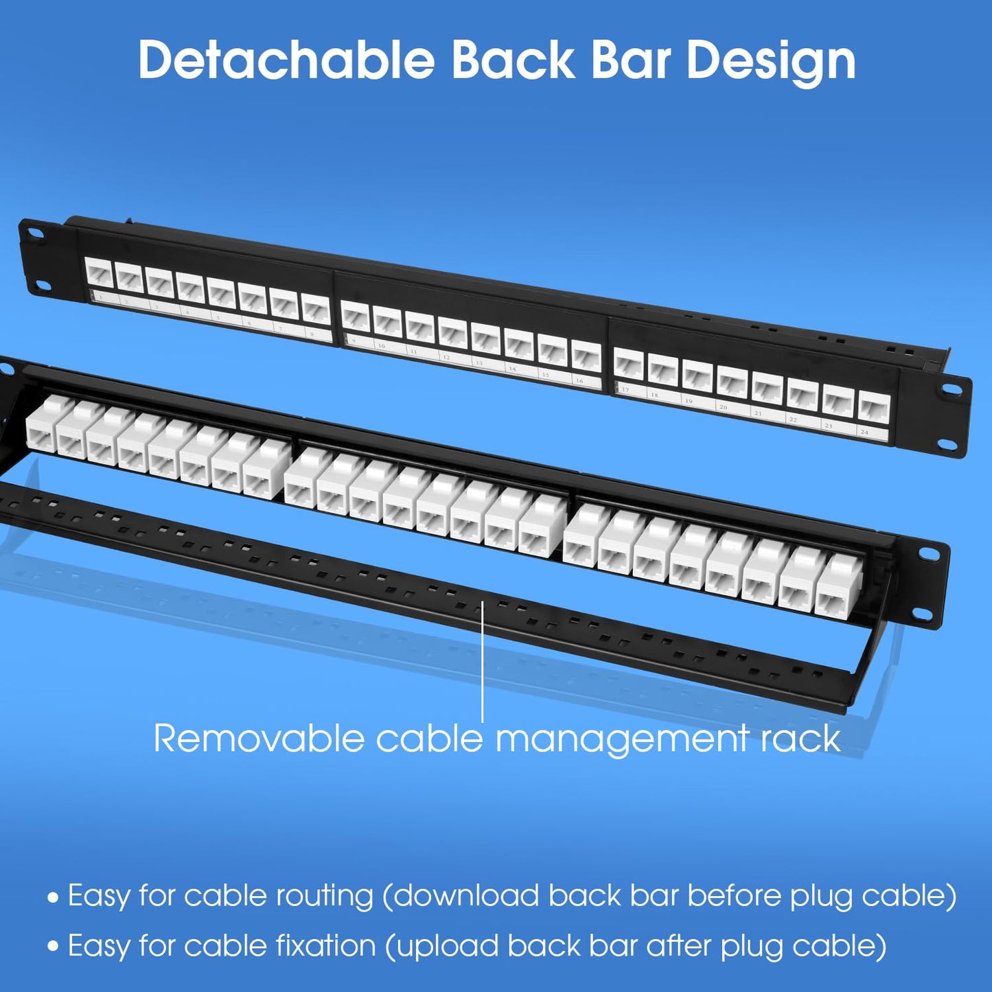 24 Port Keystone Patch Panel, 1U 19-inch RJ45 Network Patch Panel with Back Bar, Loaded with 24 Cat6 Couplers (White)