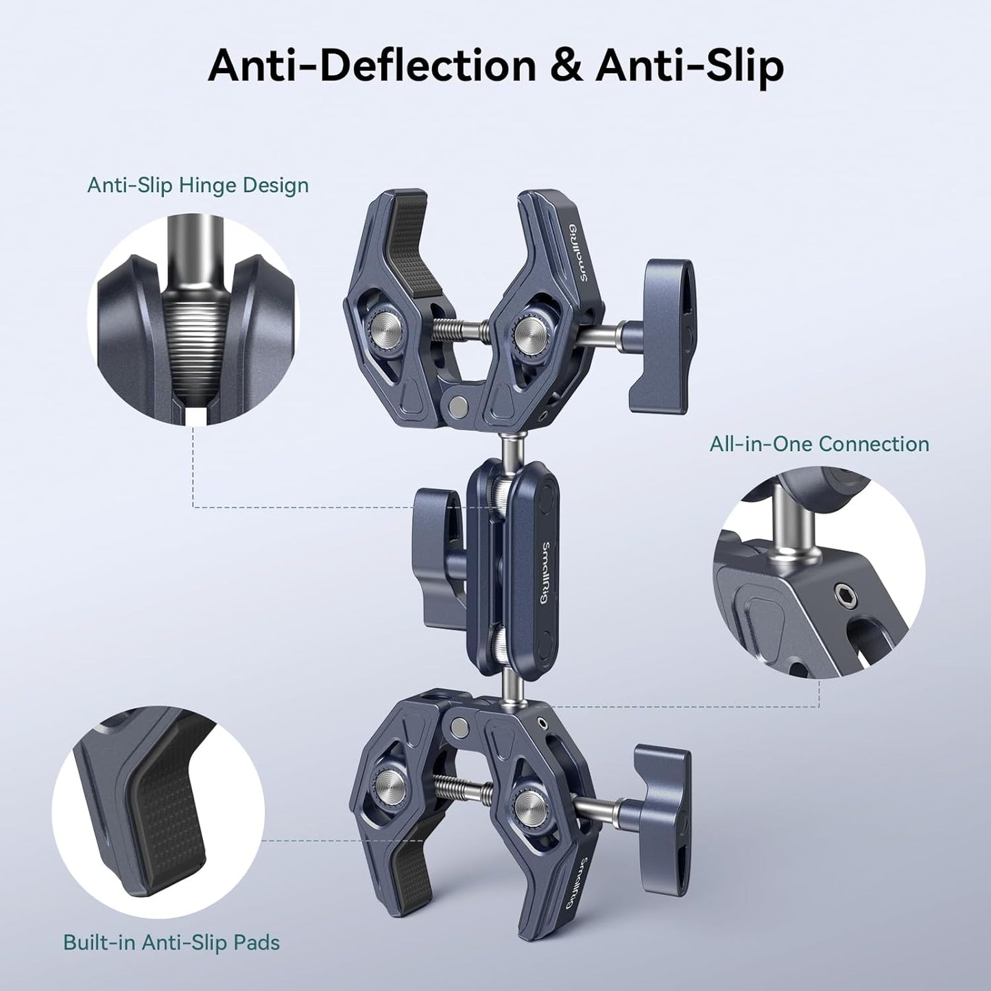 SMALLRIG Double Clamp Mount, Umbrella Clamp, Super Clamp Arm, for Chair, Pole, Tripod, C Stand, Handlebar, All Metal Max Load Capacity 3.5kg