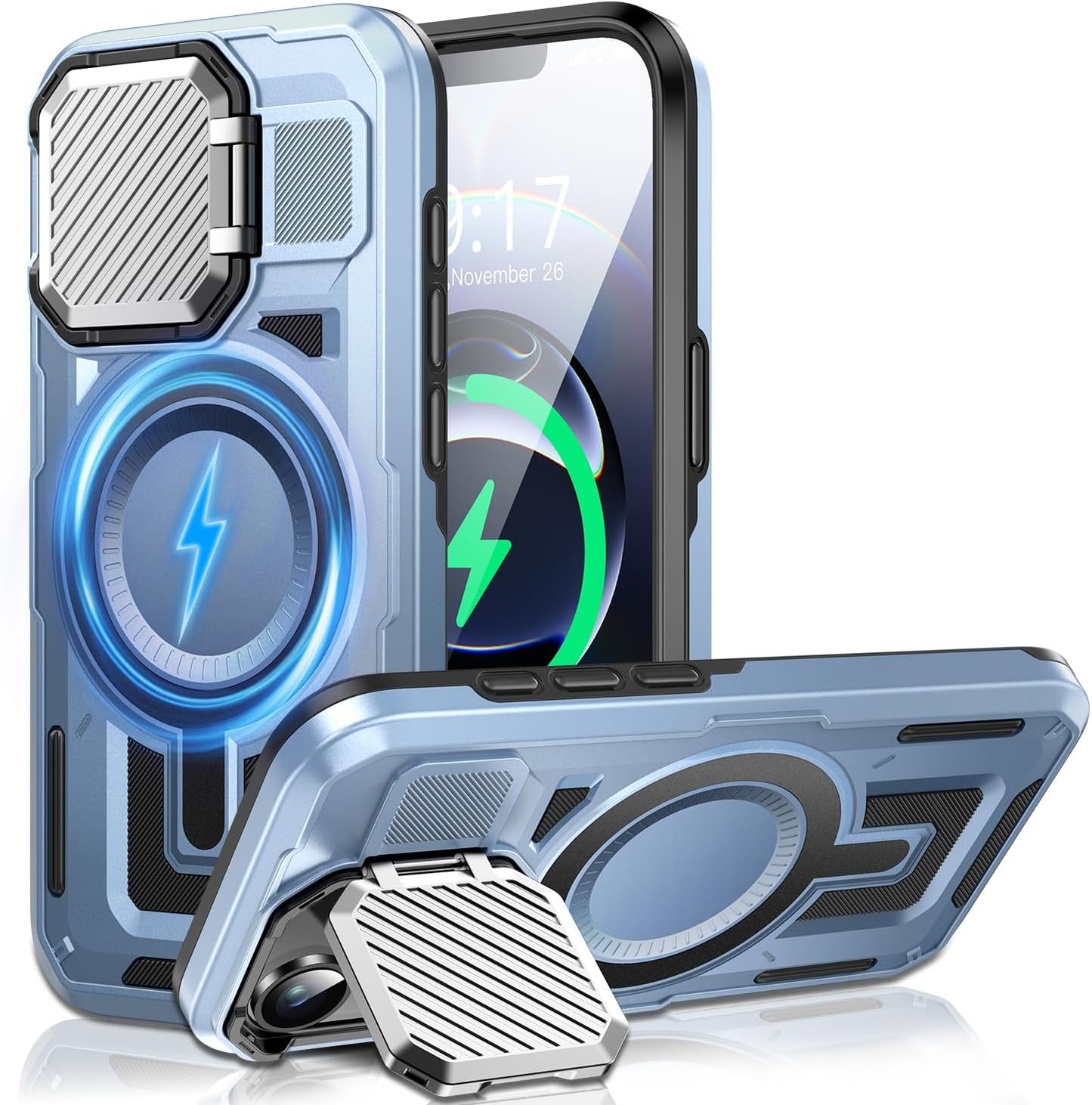 Camera Stand Case for iPhone 16E, [Compatible with Mag Safe] [Lens Cover] 2024 Version Military Grade Protective Soft Case for iPhone 16E 6.3 inch Men Women, Blue