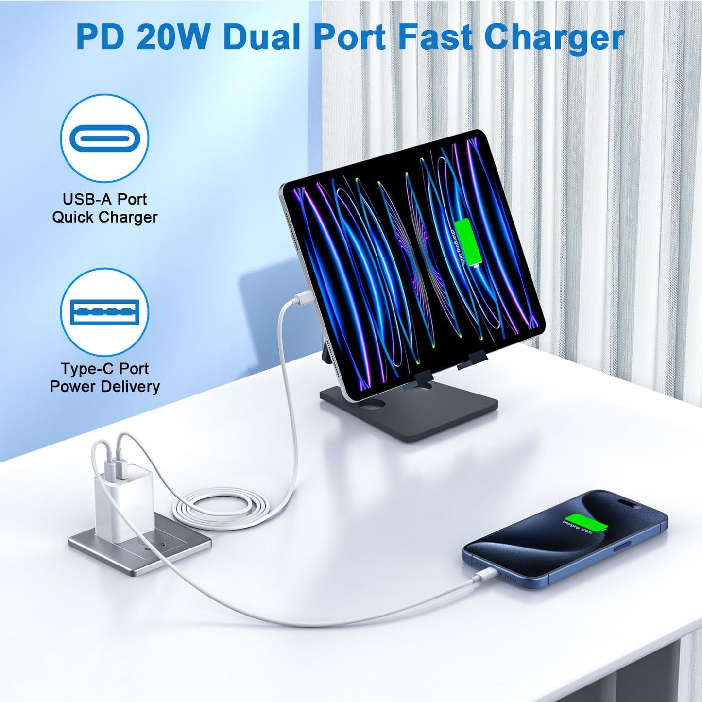 10FT iPhone 16e Fast Charger,2Pack 20W Dual Port USB C+A Power Adapter 10Foot Long USB C to C Fast Charging Cable Cord Quick Charging for iPhone 16e/16/16 Pro/15/15 Pro/Pro Max/Plus,iPad Pro/Air/Mini