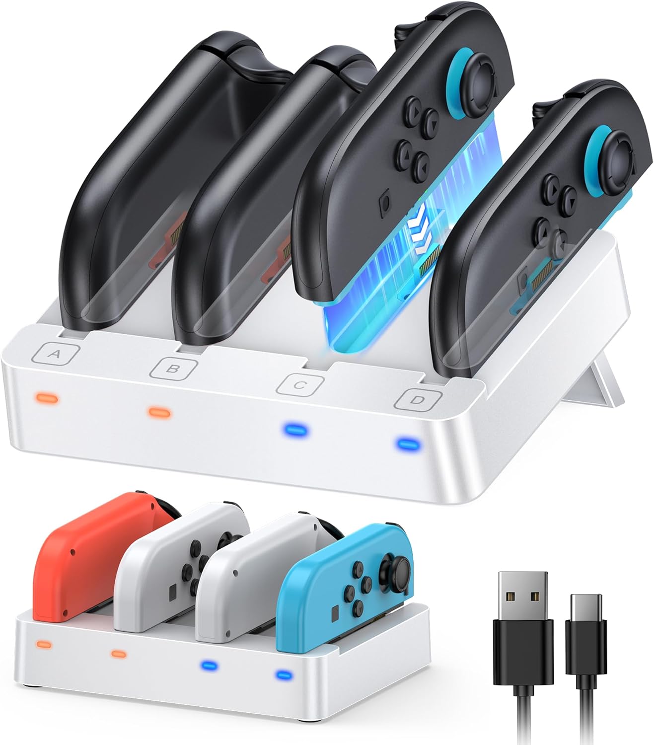 Charger for Nintendo Switch 2 and Switch 1 Controller, Horizontal Charging Dock Station for Joy con and for Joycon 2 Accessories with Foldable Storage Stand (White)