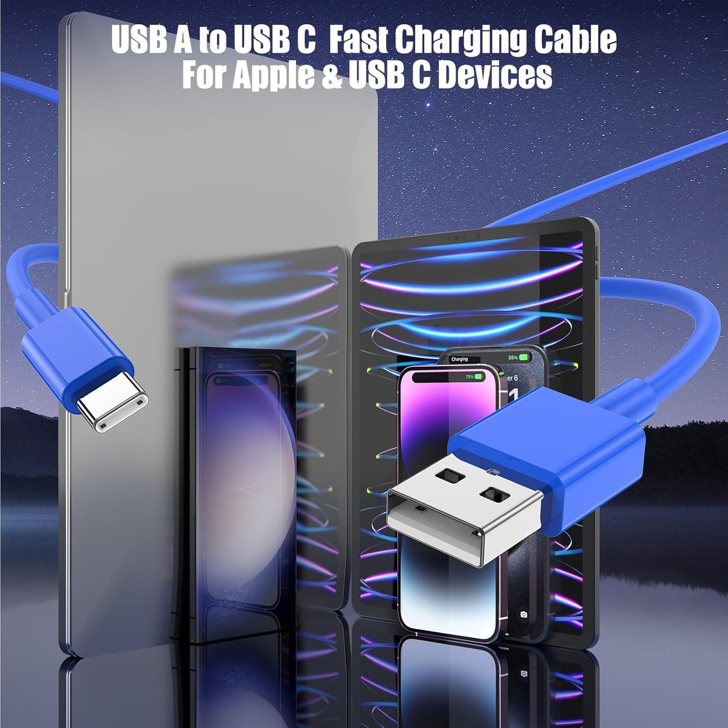 3-Pack Blue [3.3FT+3.3FT+6FT] USB A to USB C Cable, Compatible with iPhone 15/16, iPad, Samsung, MacBook, PS5 and More, Fast Charging, Carplay Cable