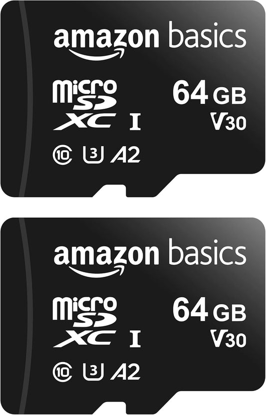 Amazon Basics MicroSDXC UHS-I Class 10 Memory Card with Full Size Adapter, A2, U3, V30, 4K, Read Speed up to 100 MB/s, 64 GB (2pack), for GoPro Cameras Storage, Black