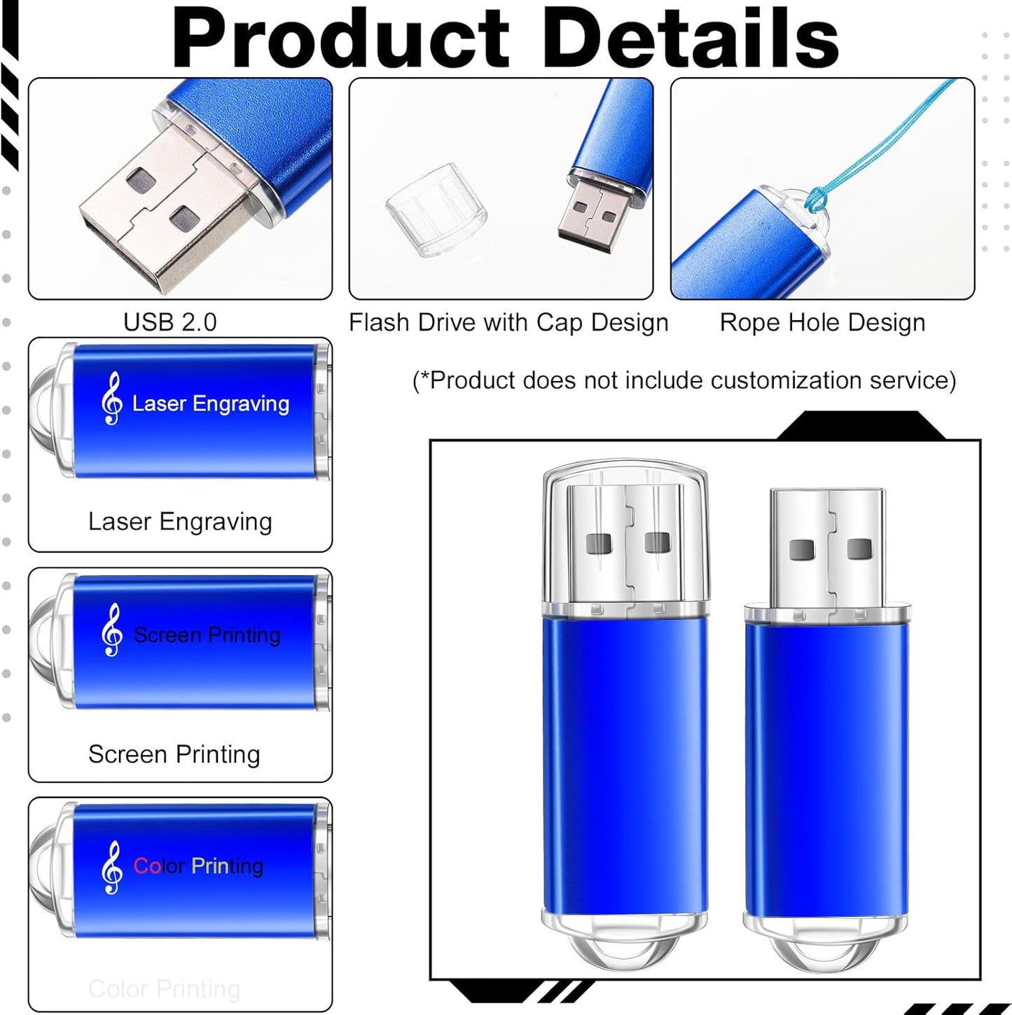 Hoteam 50 Pack USB 2.0 Flash Drives Bulk Blue Portable Thumb Drive with Hat USB Sticks Bulk with 50 Pcs Lanyards for Data Storage File Sharing Commercial Gift(2GB)