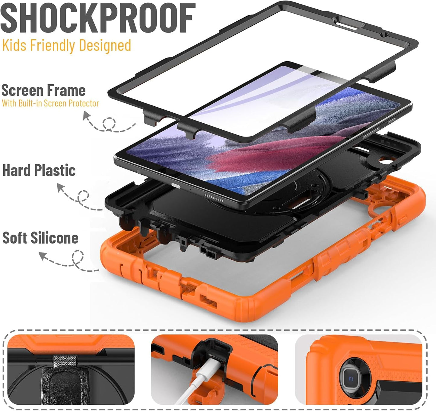 HXCASEAC Case for Samsung Galaxy Tab A7 Lite, Protective with Screen Protector/Hand Strap/Pen Holder, Sturdy A7 Lite Tablet Case, SM-T220 SM-T225 SM-T227, Orange