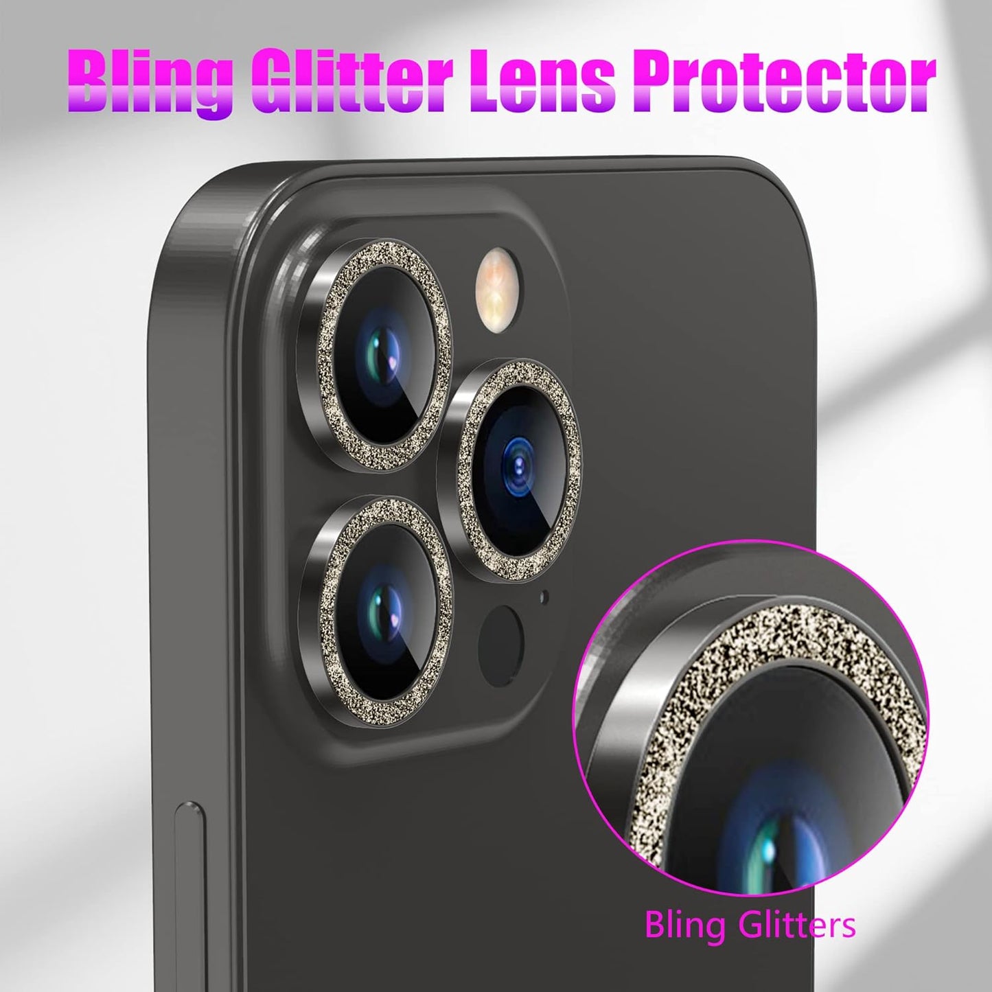 AGVEE 3+3 6 Pack for iPhone 12 Pro Max 6.7" Camera Lens Cover Protector, Bling Diamond & Bling Glitter Metal Ring 9H Tempered HD Glass Camera Cover Protector Film, Bling-Black