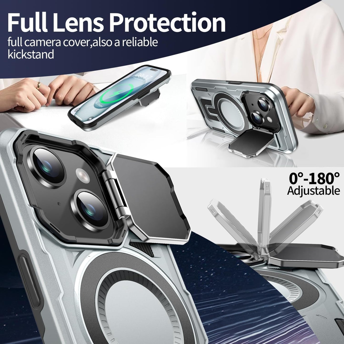 Camera Stand Case for iPhone 15, [Compatible with MagSafe] [Lens Cover] 2024 Version Military Grade Protective Soft Case for iPhone 15 6.1 inch Men Women, Grey