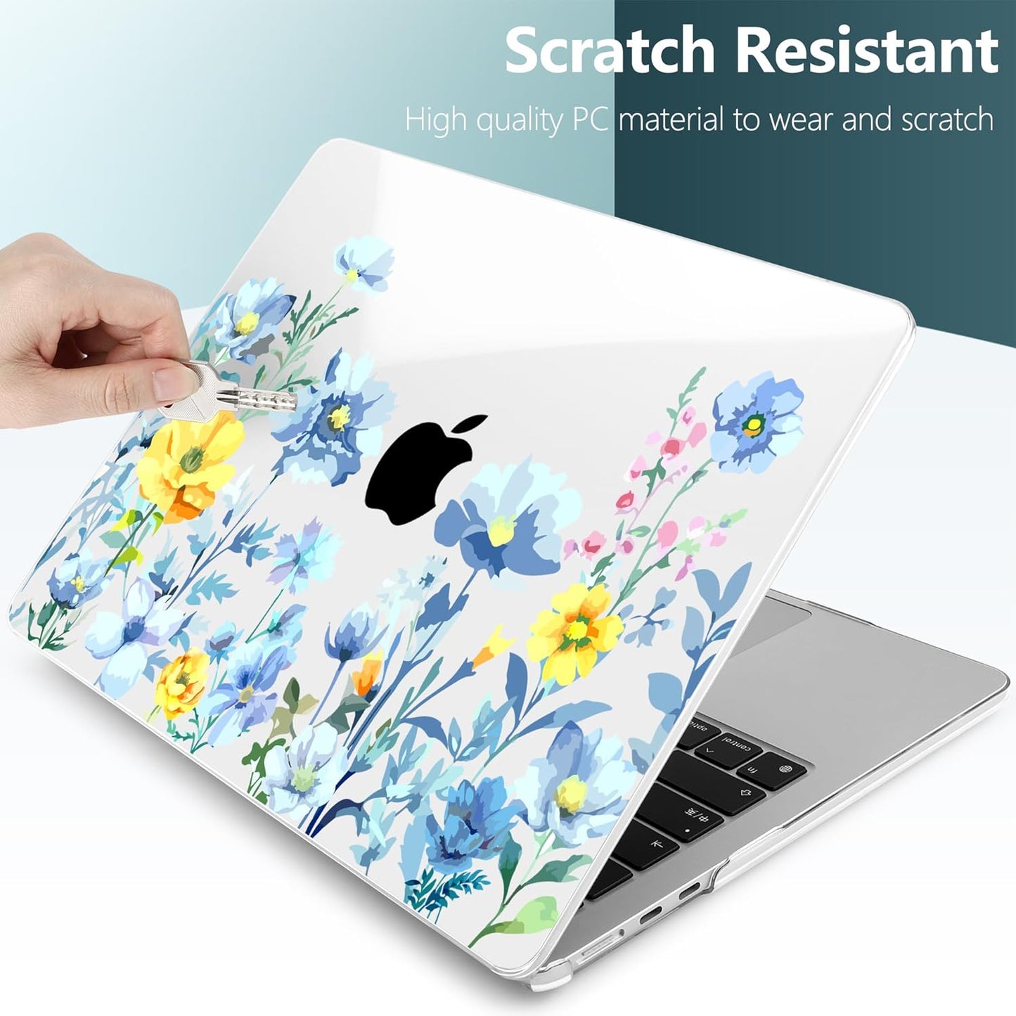 TWOLSKOO Compatible with M4 MacBook Air 15 inch Case 2025-2023 Released Model M4 A3241 M3 A3114 M2 A2941, Plastic Hard Shell & Screen Protector & Keyboard Cover & Type C Adapter, Blue Flowers