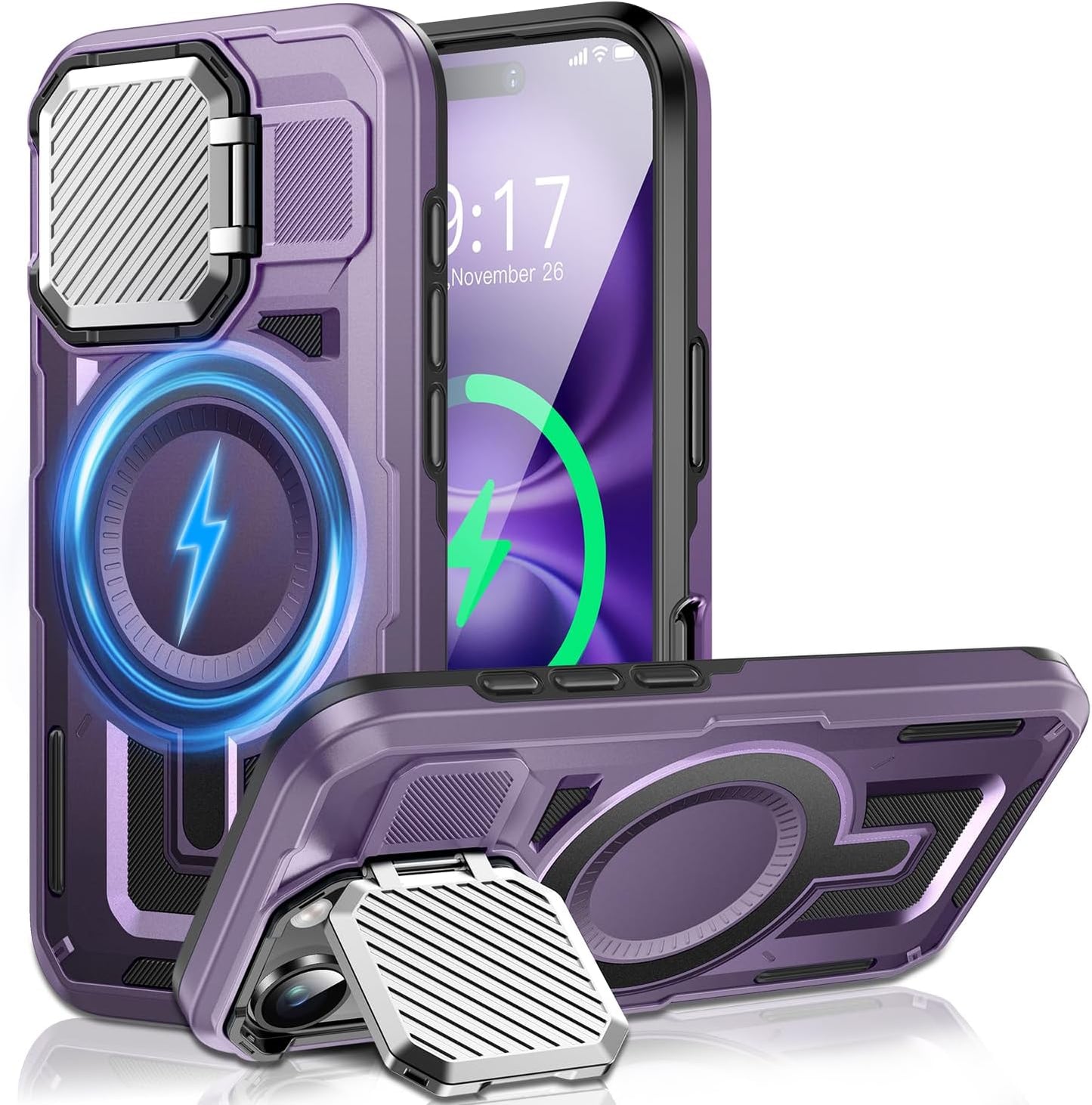 Camera Stand Case for iPhone 16, [Compatible with Mag Safe] [Lens Cover] 2024 Version Military Grade Protective Soft Case for iPhone 16 6.1 inch Men Women, Purple