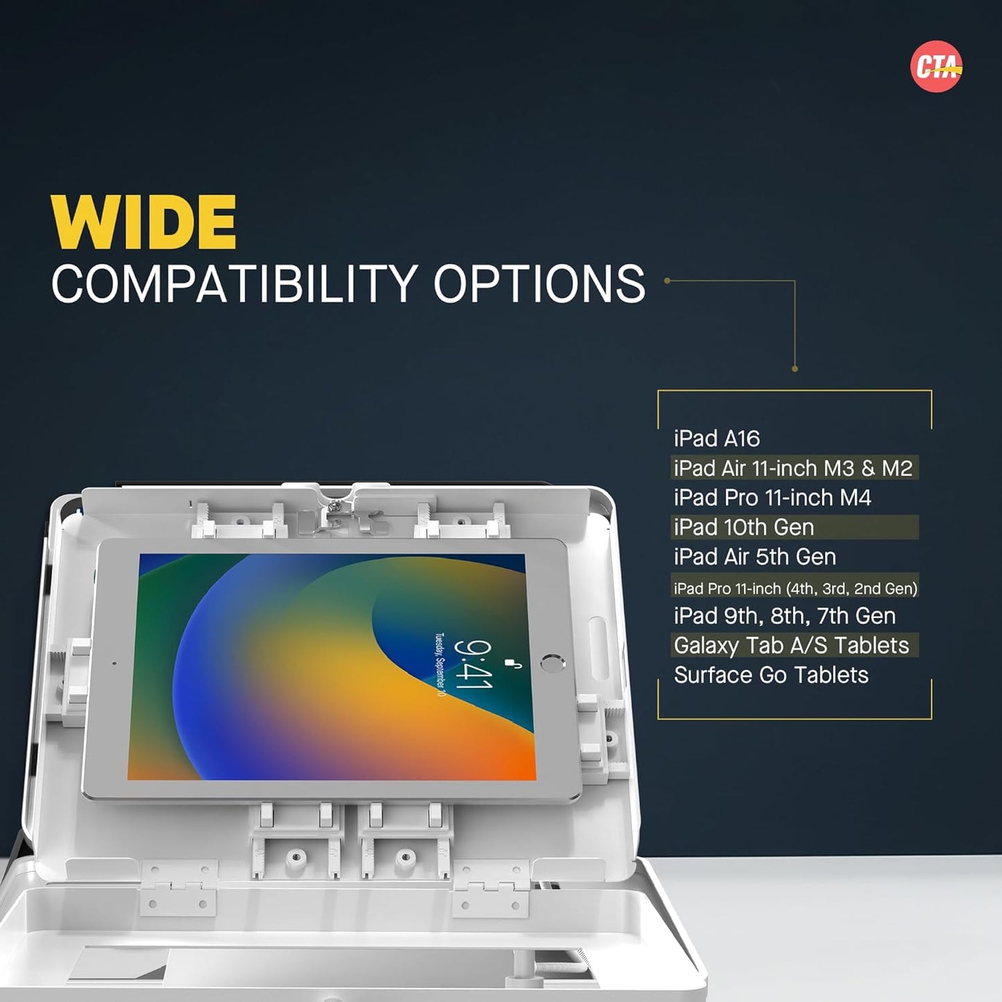 Desktop Anti-Theft Stand – CTA Kiosk Stand with Stylus, Tether, and Aluminum Enclosure for iPad 11th Gen A16 11” - 10th Gen 10.9” - Air 4th & 5th Gen - 11” Pro & More - White (PAD-DASB109W)